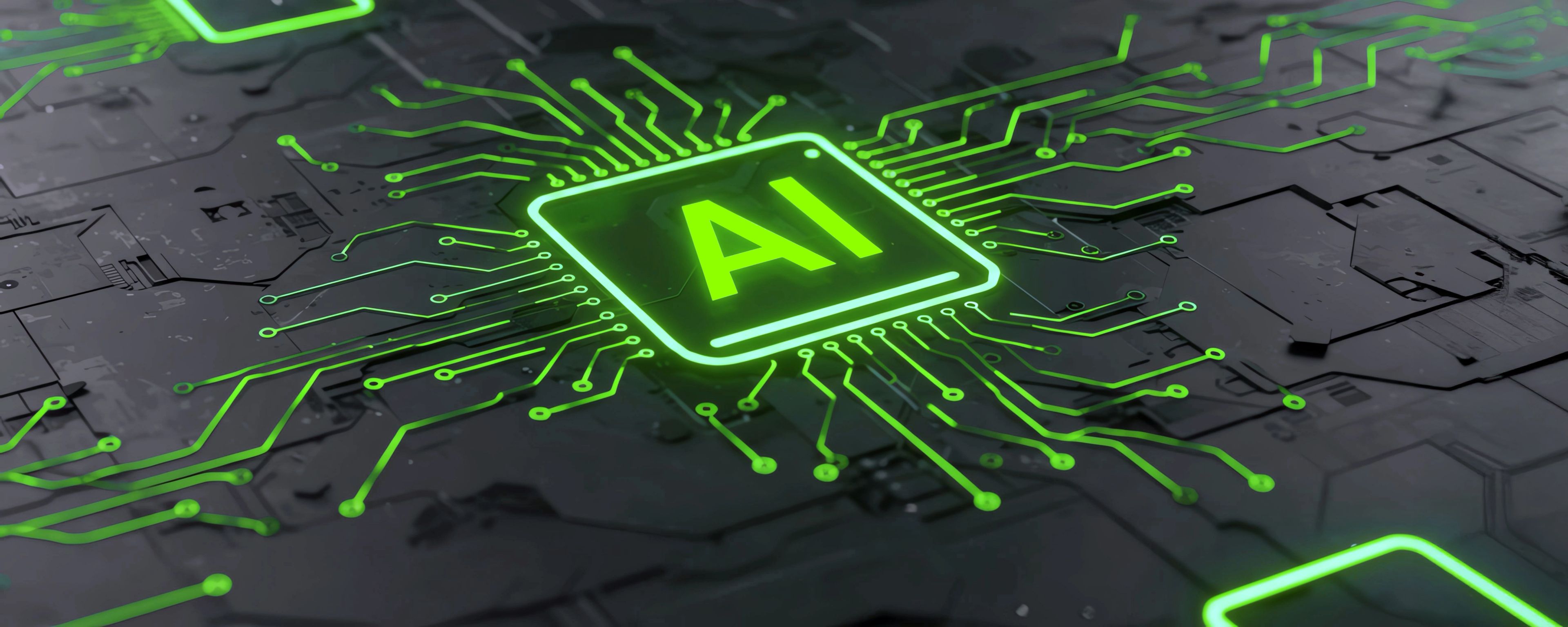 Leuchtend grüner Mikrochip mit der Aufschrift ‘AI’ auf einer schwarzen Leiterplatte – symbolische Darstellung von Künstlicher Intelligenz und digitaler Vernetzung.
