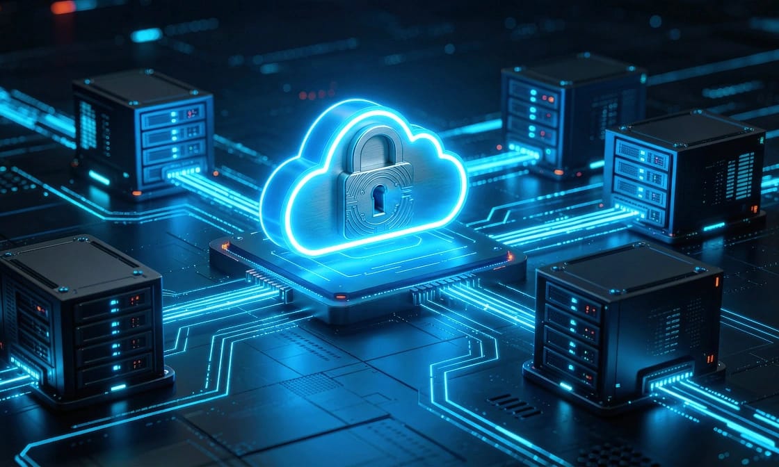 Datenströme fließen zwischen lokalen Server-Türmen und einer zentralen Cloud.