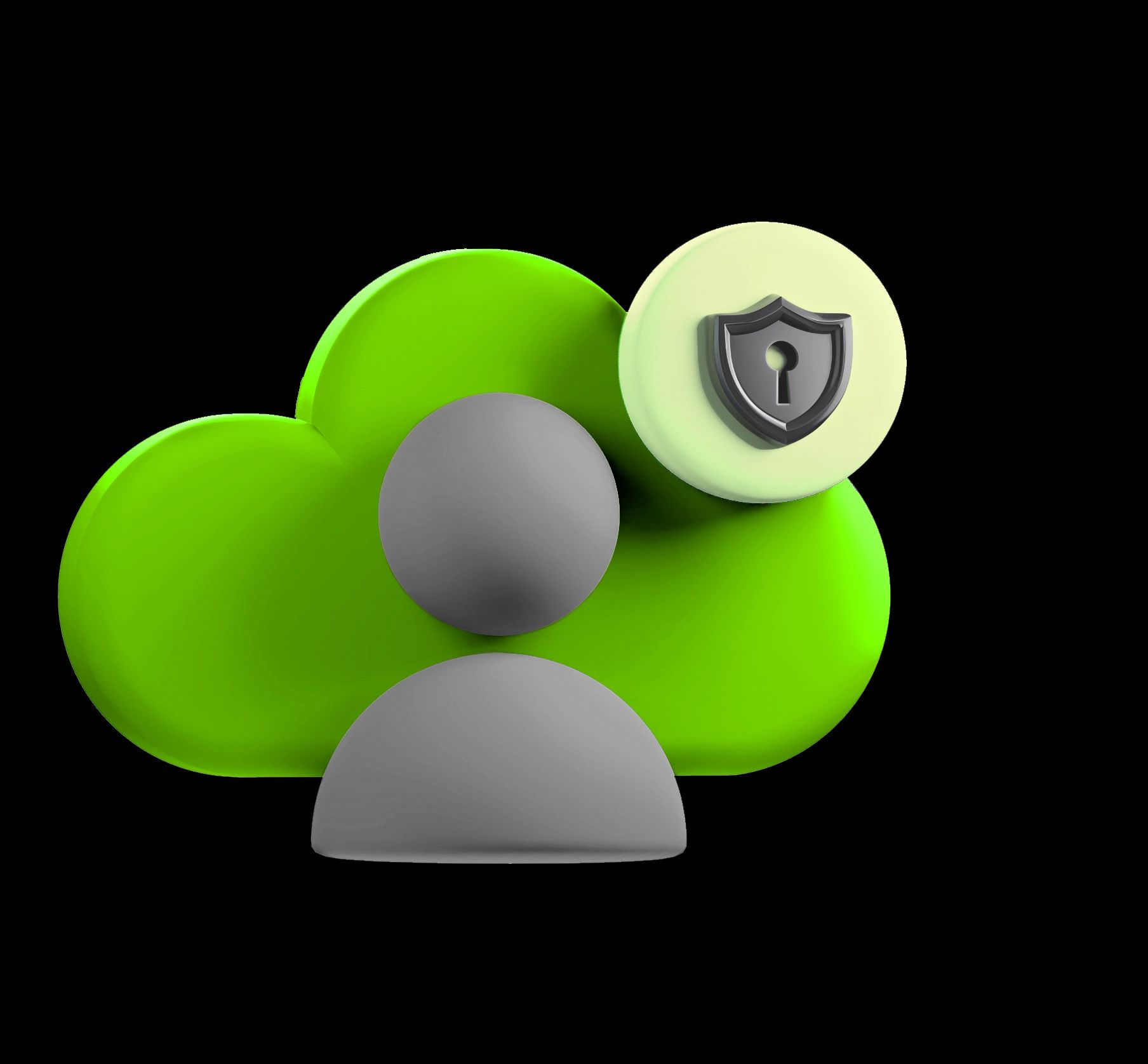 Stilisierte 3D-Darstellung einer grauen Benutzerfigur vor einer grünen Cloud, gekrönt von einem Sicherheitsschild-Symbol.