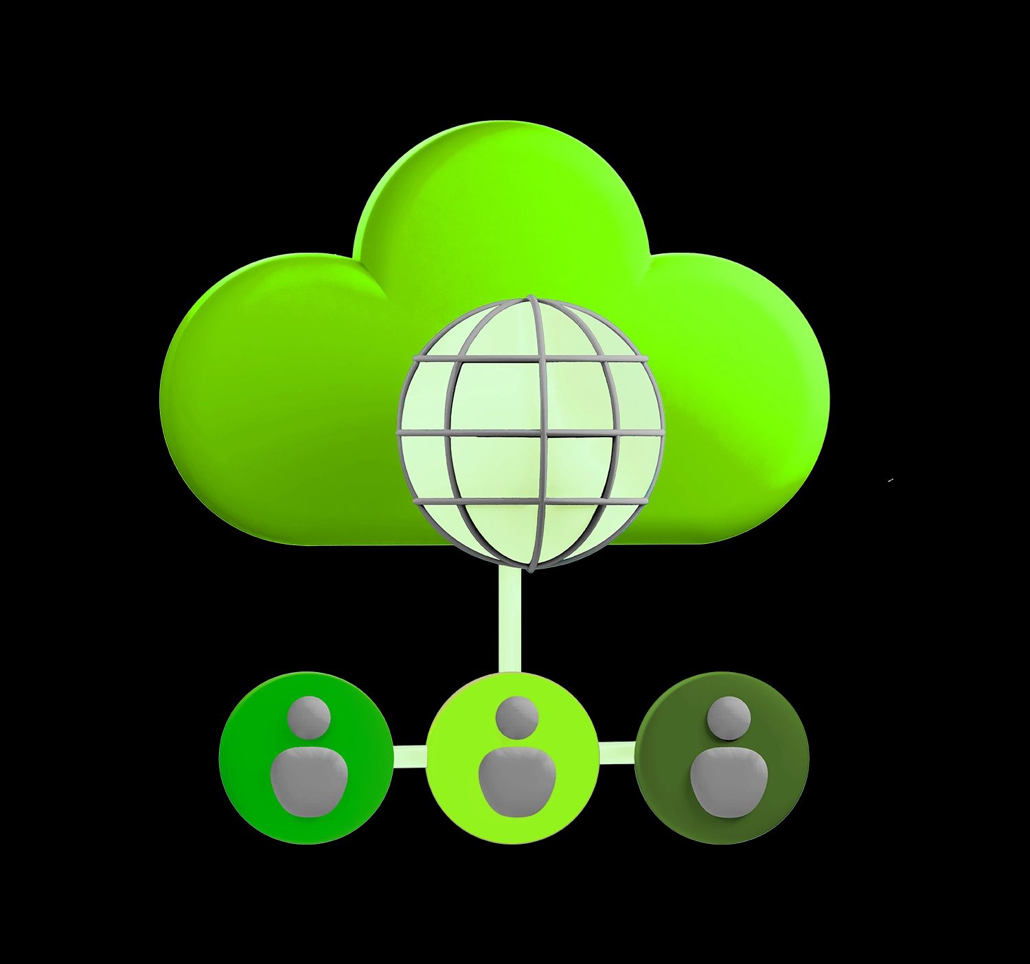 Stilisierte 3D-Darstellung einer leuchtend grünen Cloud mit Globus-Symbol, von der Verbindungslinien zu drei Benutzerfiguren führen.