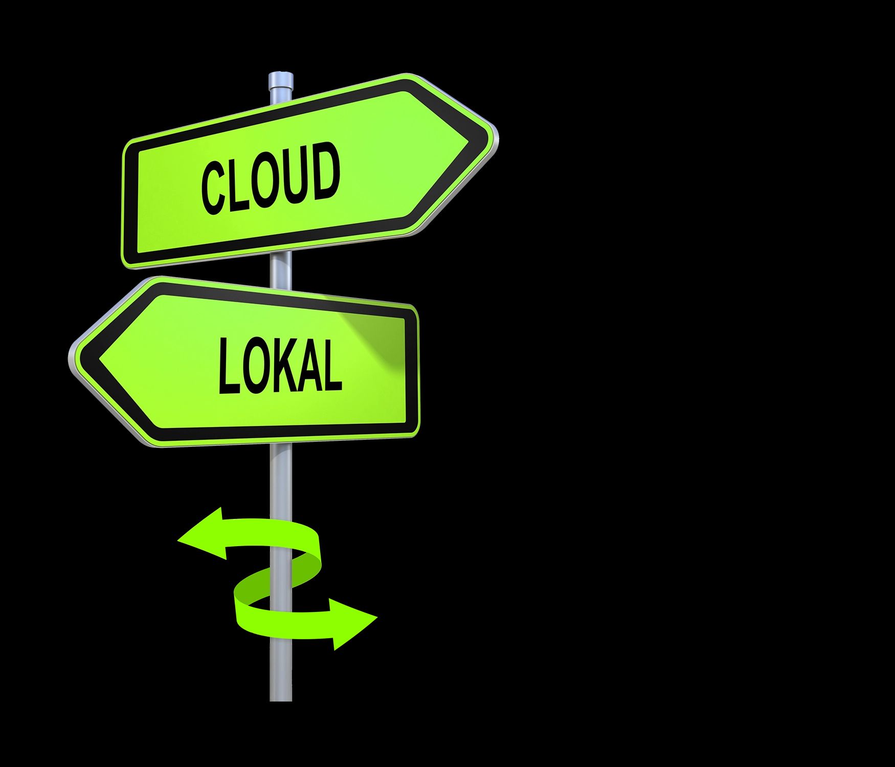 Stilisierte 3D-Darstellung eines Wegweisers mit zwei Schildern: 'CLOUD' zeigt nach rechts und 'LOKAL' zeigt nach links. Unten zeigen zwei spiralförmige Pfeile hin und her.