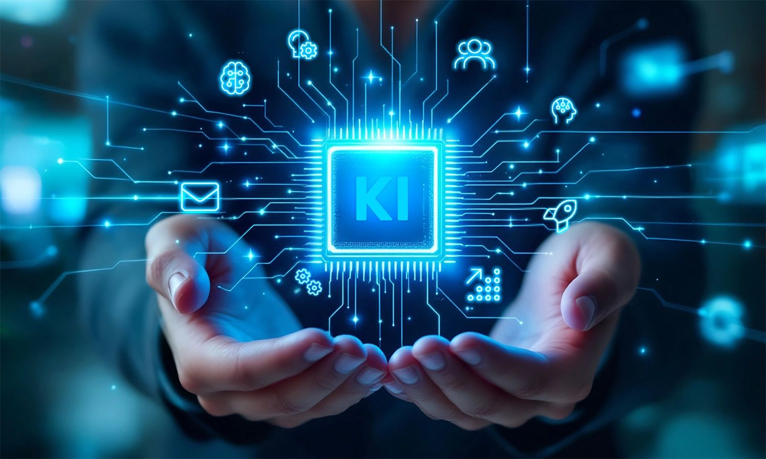 Futuristische Darstellung von Künstlicher Intelligenz (KI) in menschlichen Händen.