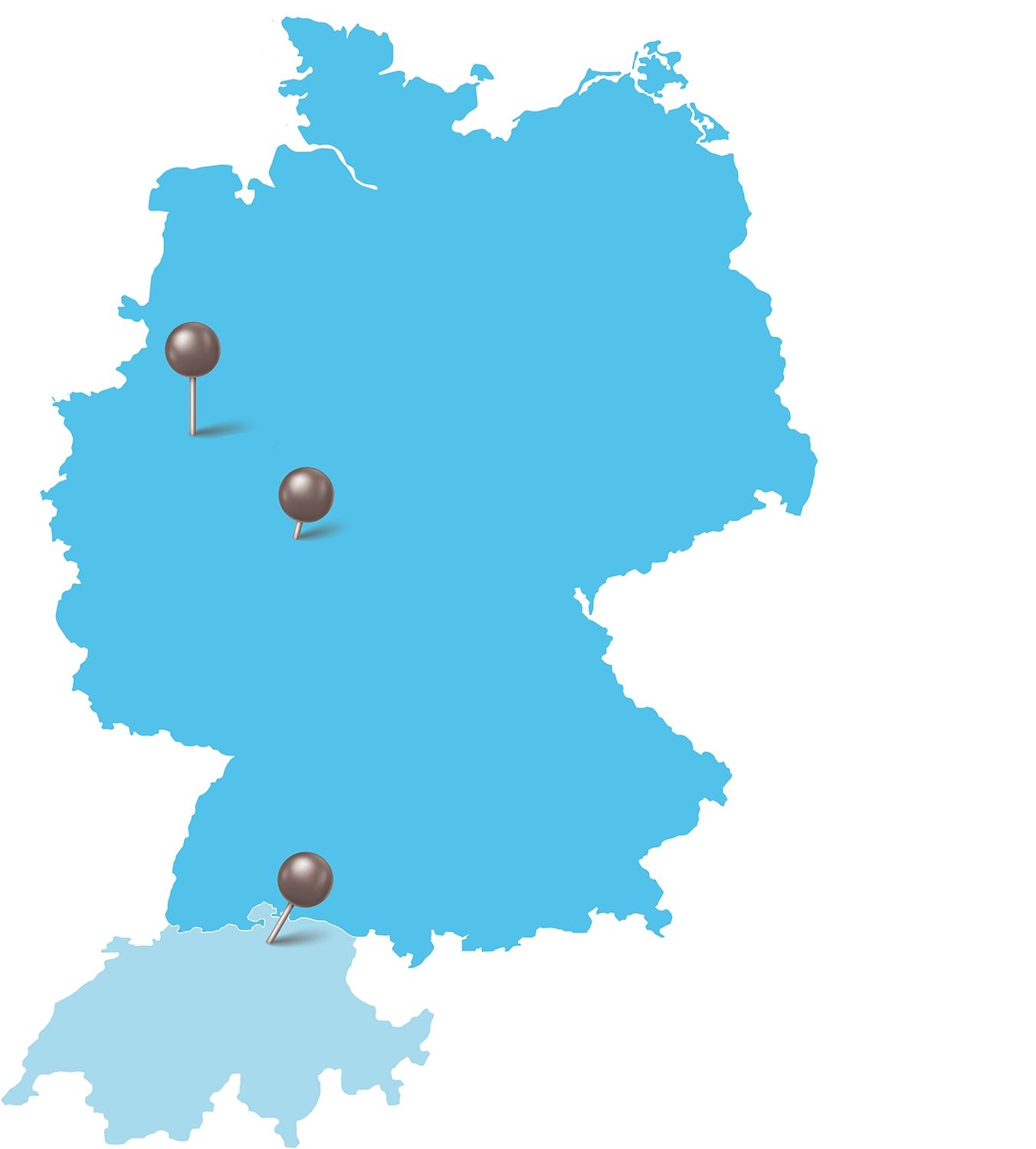 Karte von Deutschland in Blau und der Schweiz in hellblauer Farbe. Zwei Stecknadeln markieren Orte in Deutschland und eine Stecknadel in der Schweiz, eine im Westen, in der Mitte und eine in der Schweiz.