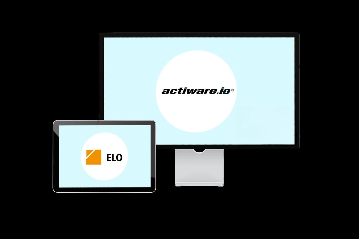 Zwei verschiedene Geräte (Monitor, Tablet) sind nebeneinander dargestellt und symbolisieren verschiedene IT-Systeme. Jeder Bildschirm zeigt je ein Logo: ACTIWARE.IO und ELO.