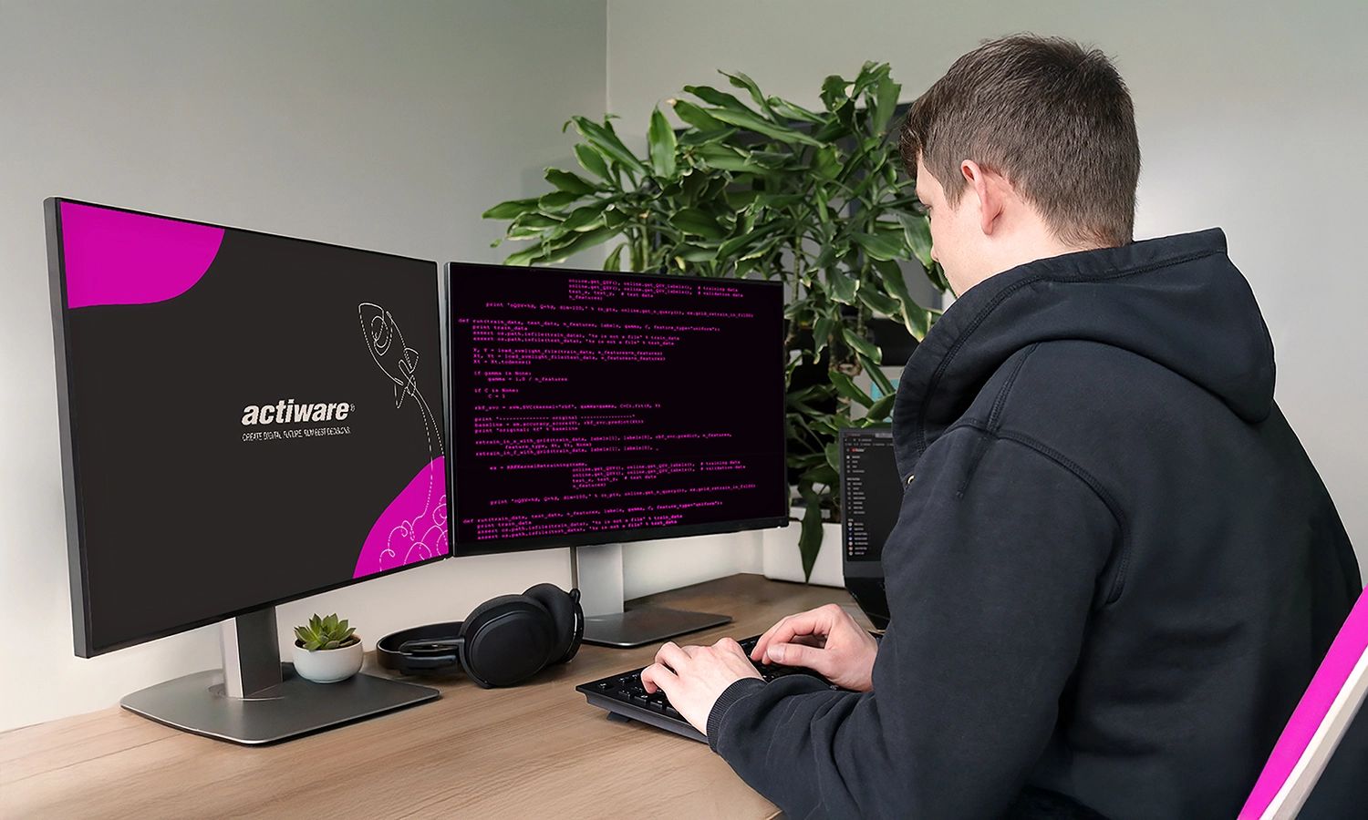 Mitarbeiter sitzt vor Bildschirmen und programmiert.