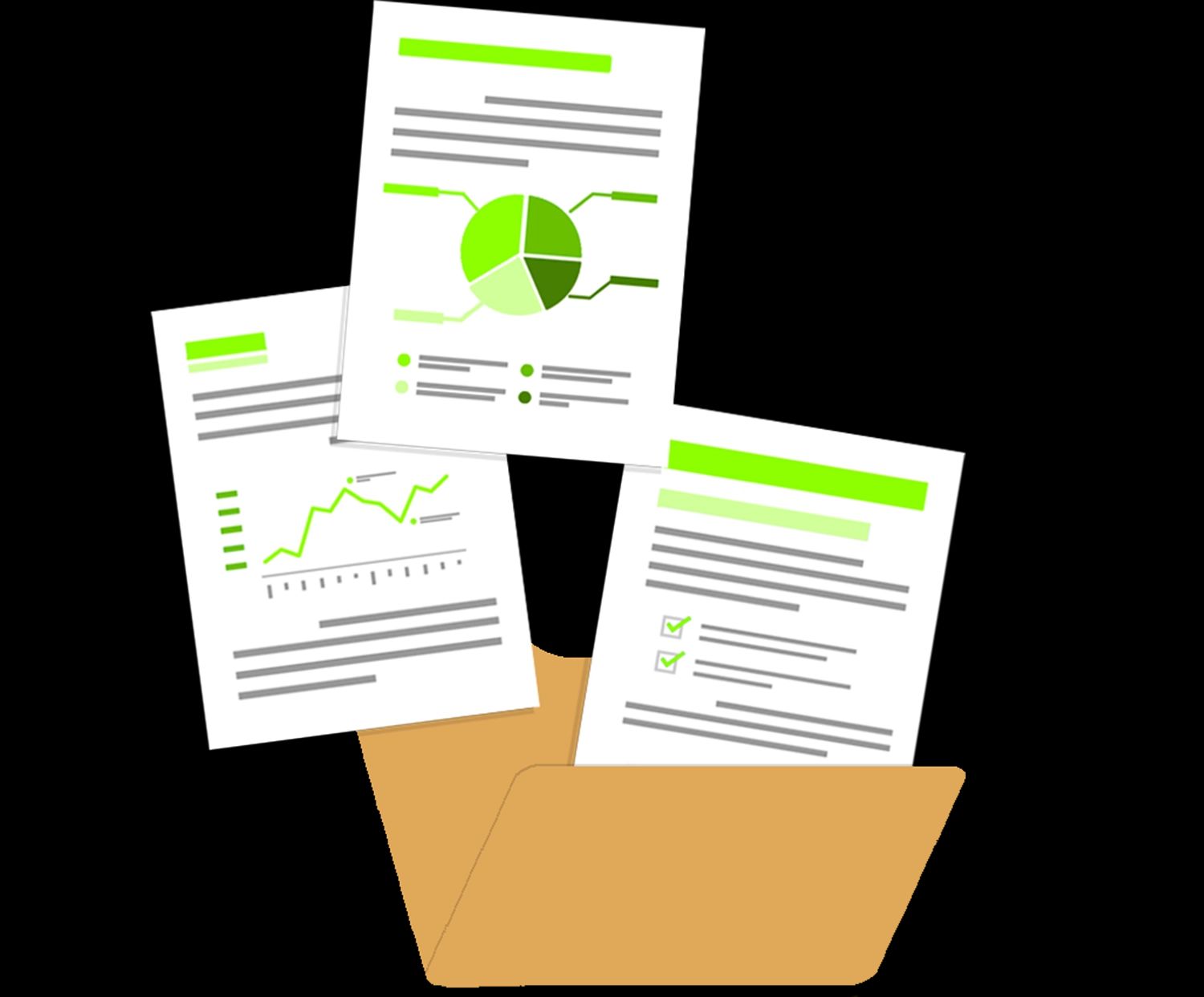 Ein Aktenordner mit verschiedenen Berichten. Die Dokumente zeigen ein Kreisdiagramm, ein Liniendiagramm und eine Checkliste in grünen Farbtönen.