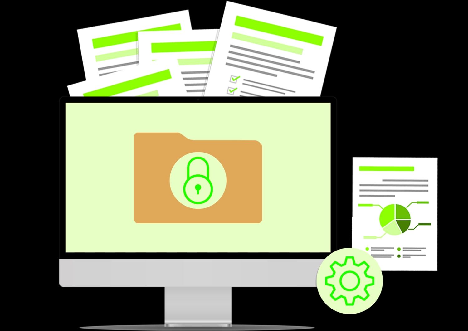 Illustration für sicheres Dokumentenmanagement: Ein Monitor zeigt einen Ordner mit einem Schloss-Symbol. Verschiedene Geschäftsunterlagen und Berichte werden digital und sicher archiviert.