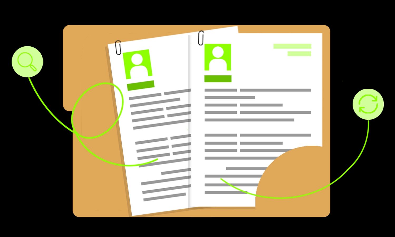 Illustration des Bewerbermanagements: Zwei Lebenslauf-Dokumente liegen in einer grauen Mappe. Ein Such-Symbol und ein Aktualisierungs-Symbol sind durch grüne Linien mit den Dokumenten verbunden.