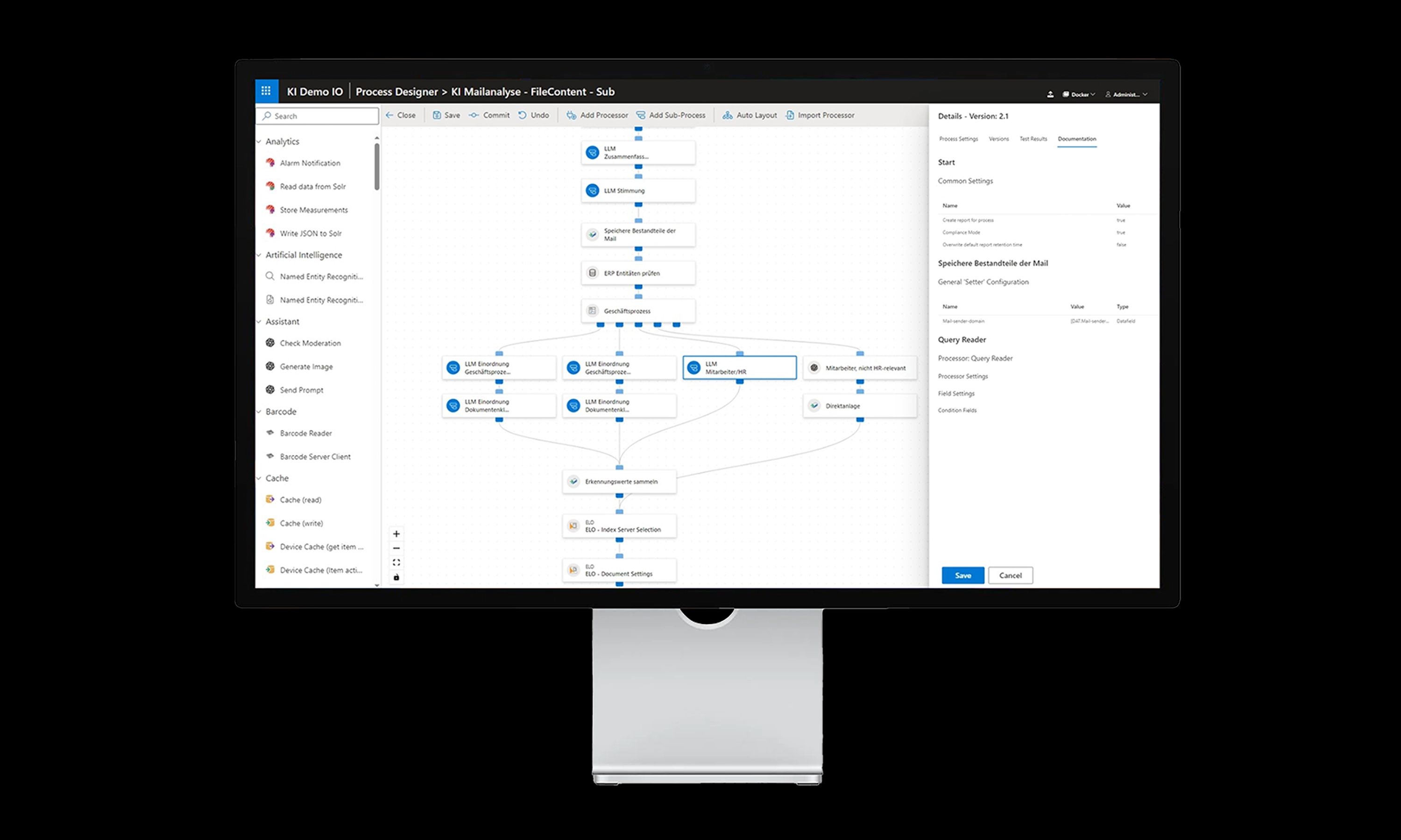 Die Ansicht eines Process Designers auf einem Monitor. In der Mitte ist ein visueller Workflow für eine 'KI Mailanalyse' abgebildet, flankiert von einer Werkzeugleiste links und einem Detail-Panel rechts.