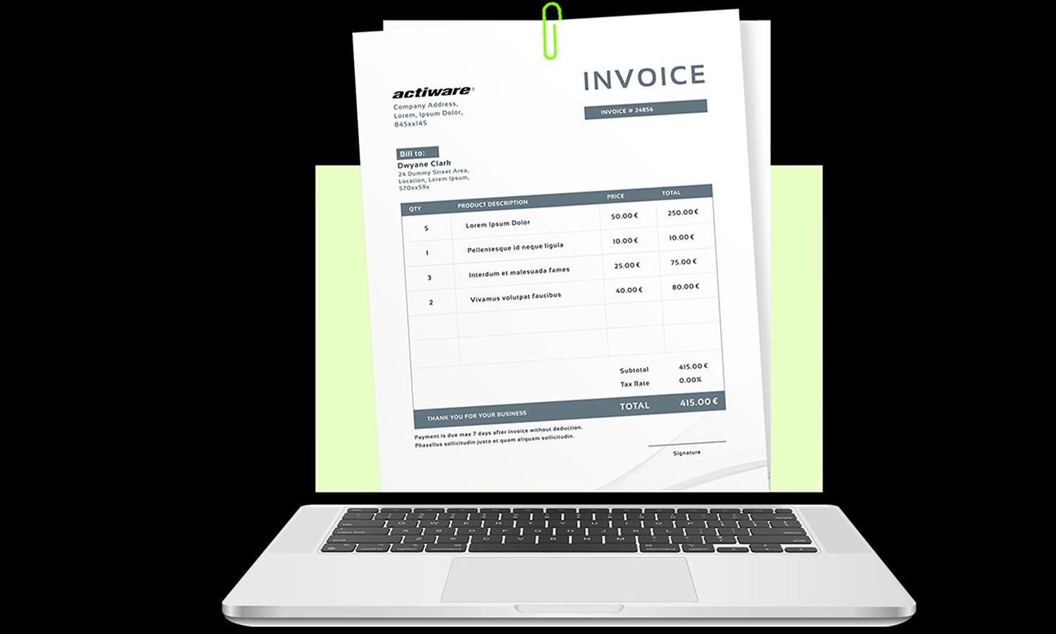 Illustration der digitalen Rechnungsstellung: Eine Papierrechnung mit dem Logo von 'actiware' und einer detaillierten Postenauflistung ragt aus dem Bildschirm eines Laptops.