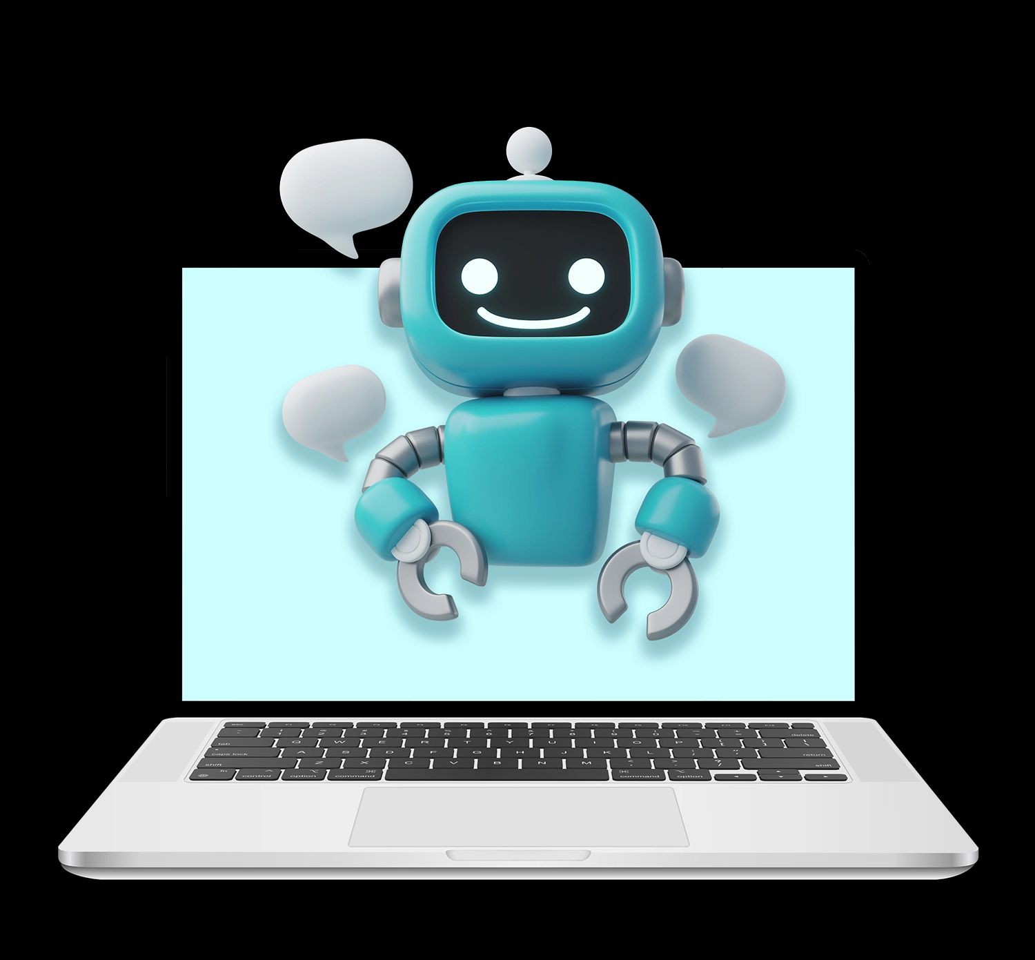 Ein lächelnder, blauer KI-Roboter mit Sprechblasen schwebt über dem Bildschirm eines Laptops.