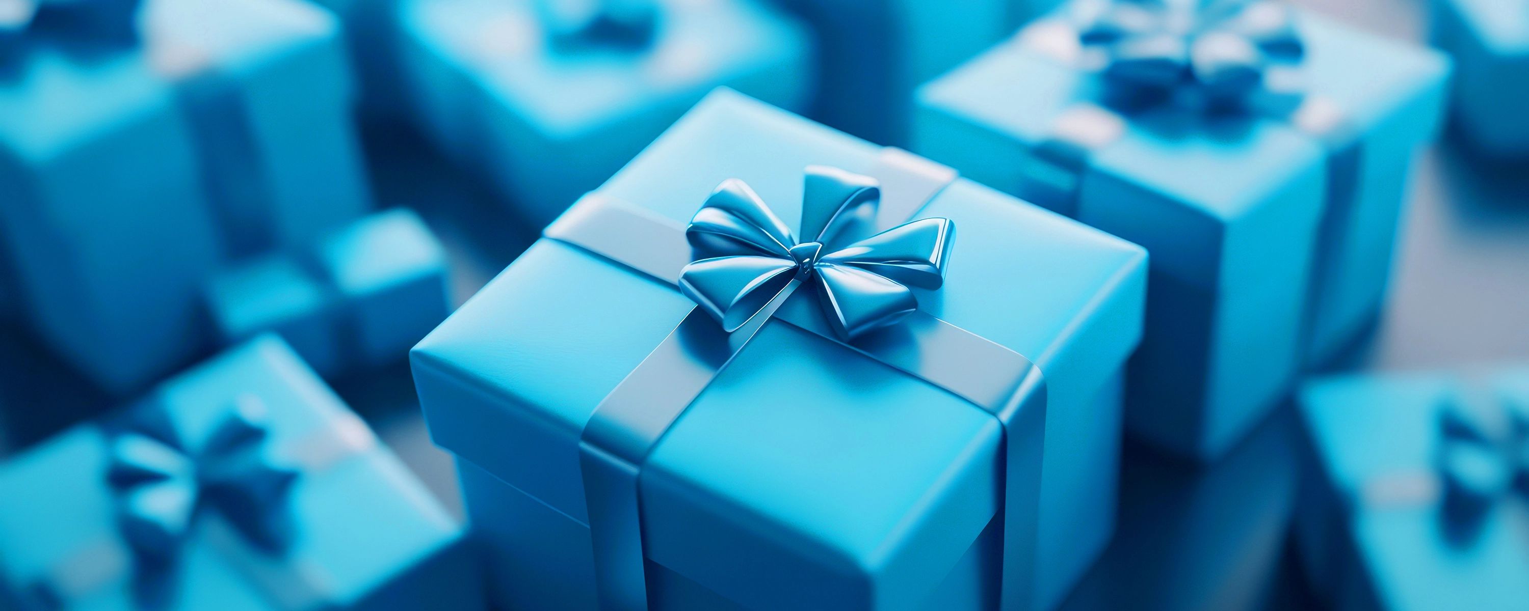 Eine Ansammlung von blauen Geschenkboxen mit passenden Schleifen. Eine Box im Vordergrund steht im Fokus, während die anderen im Hintergrund leicht verschwommen sind.