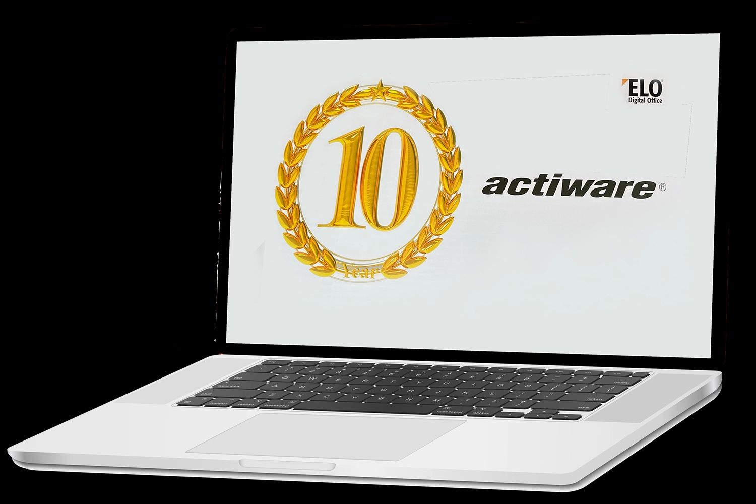 Ein silberner Laptop, auf dessen Bildschirm ein goldenes Logo zum 10-jährigen Jubiläum von ACTIWARE und ELO Digital Office angezeigt wird.