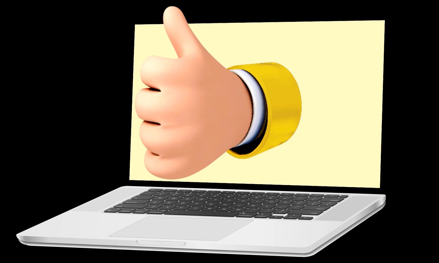 Laptop mit animierter Hand, die einen Daumen nach oben zeigt – Symbol für Erfolg, Zustimmung und positive digitale Kommunikation.