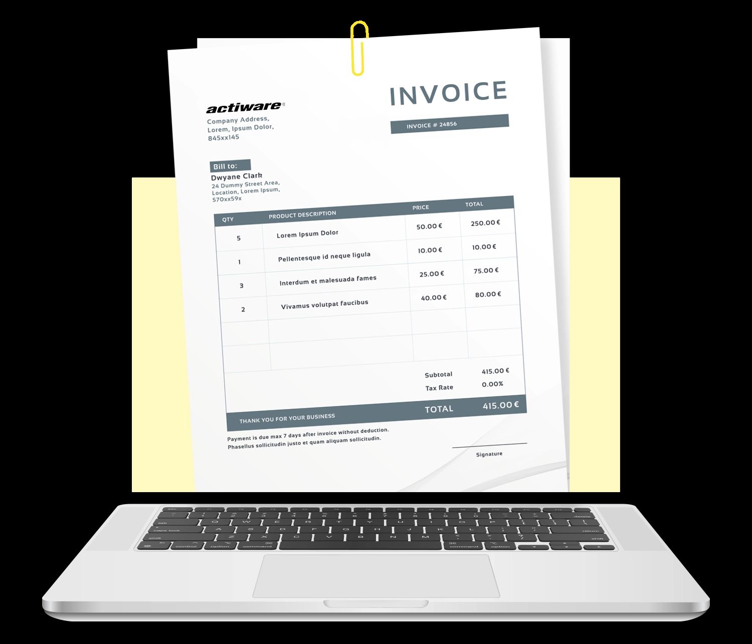 Laptop mit digitaler Rechnung auf dem Bildschirm – Symbol für elektronische Rechnungsverarbeitung, automatisierte Buchhaltung und digitales Dokumentenmanagement.