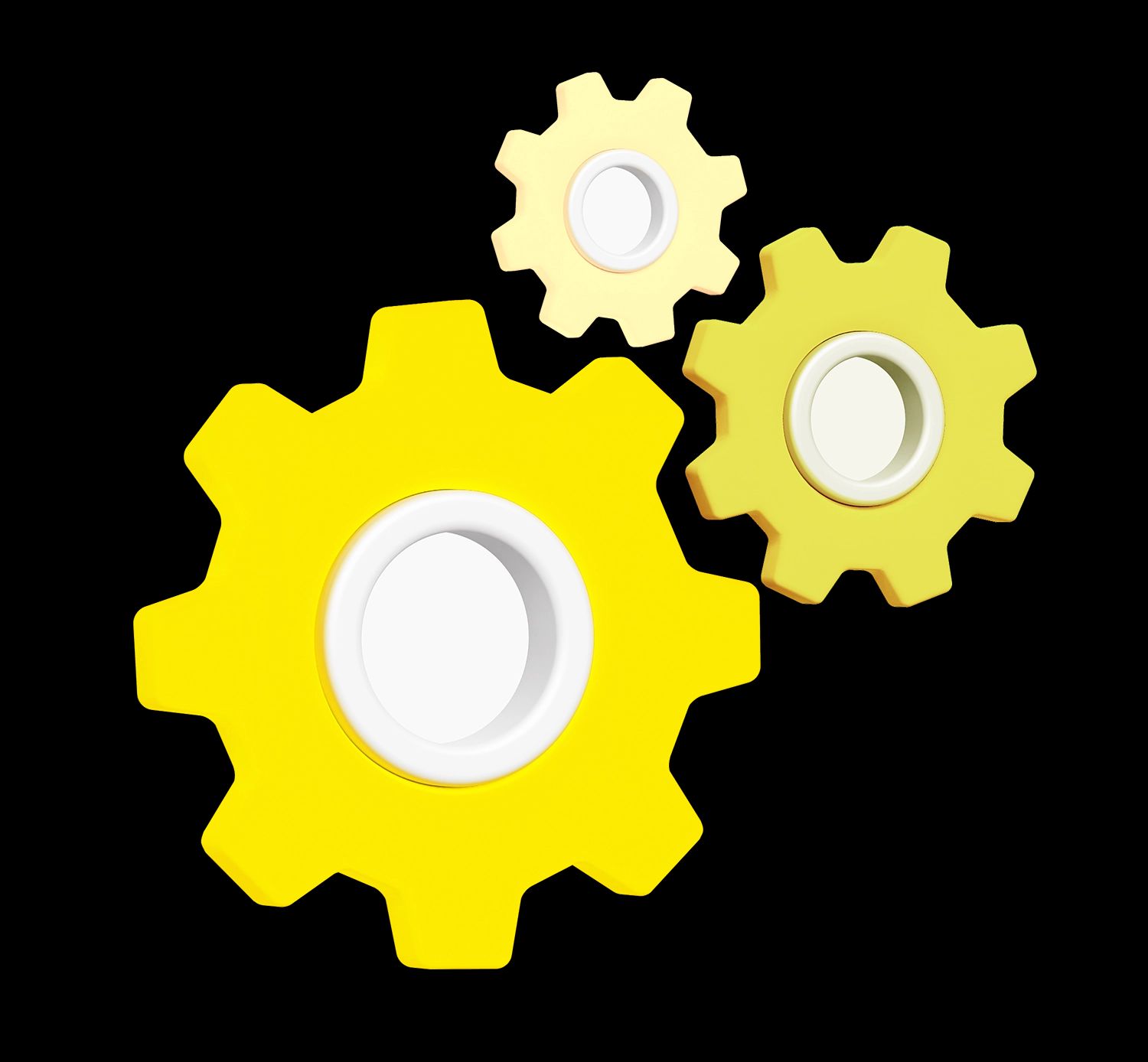 Drei gelbe Zahnräder als 3D-Grafik – Symbol für Zusammenarbeit, Prozessoptimierung und ineinandergreifende Systeme in Organisation oder Technik.