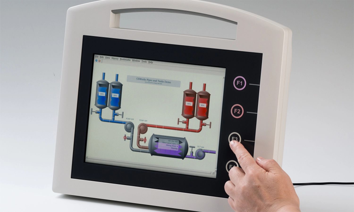 Bedienterminal von Hoffmann + Krippner – industrielle Steuerungseinheit mit Touchscreen und Funktionstasten, Anzeige eines technischen Prozesses auf dem Display.