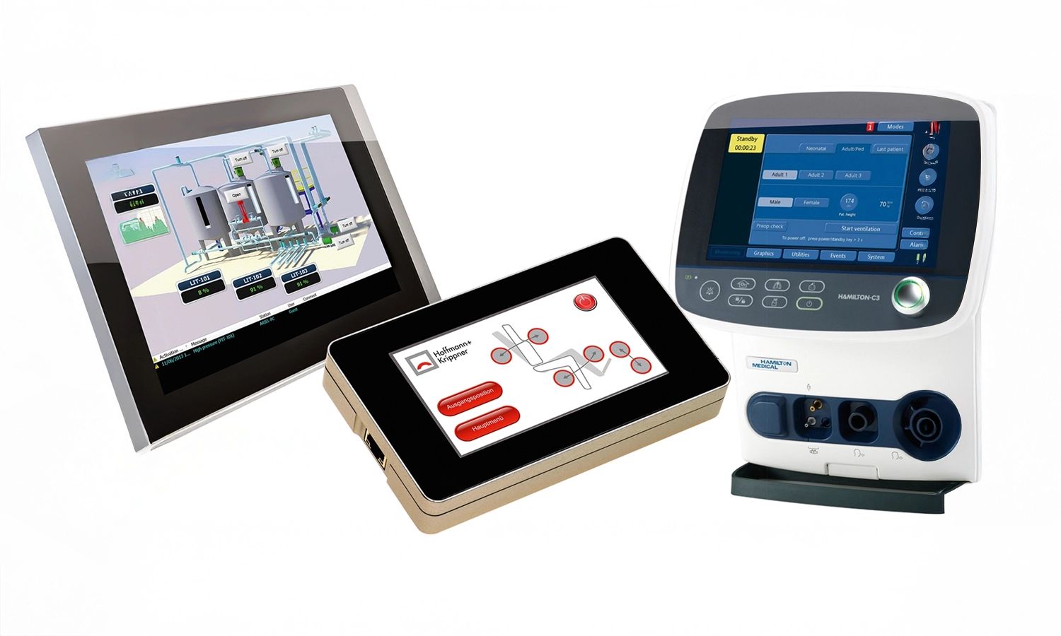 Touchscreen‑Bedienoberflächen von Hoffmann + Krippner – moderne industrielle und medizinische Eingabesysteme mit präziser Steuerung und intuitivem Design.
