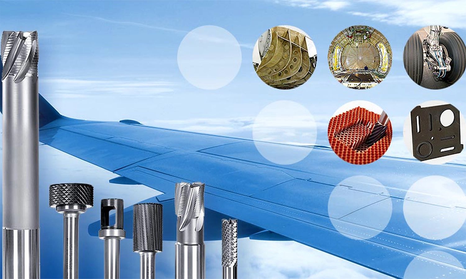 Neuhäuser‑Präzisionswerkzeuge vor Flugzeugflügel – Hochleistungsfräser und Schleifwerkzeuge für Anwendungen in der Luft‑ und Raumfahrtindustrie.