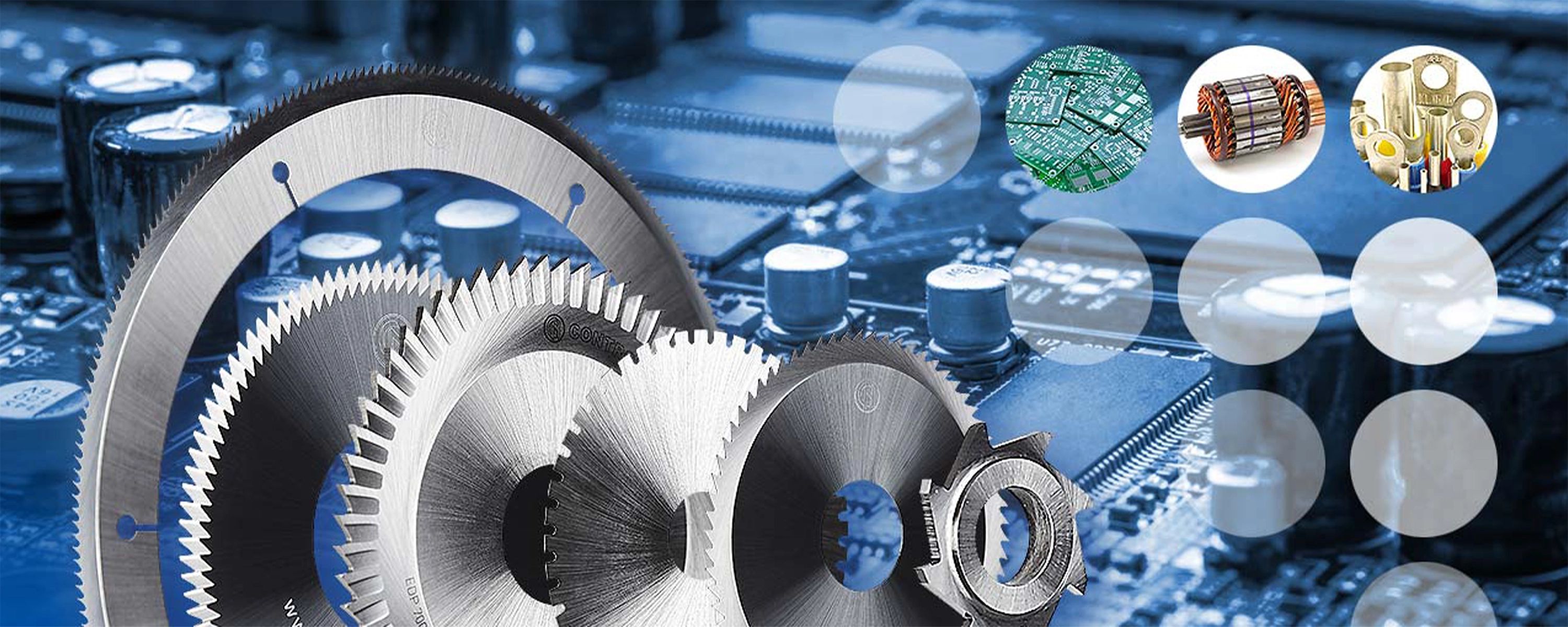 Neuhäuser‑Präzisionssägen und Schneidräder vor elektronischer Platine – Hochleistungswerkzeuge für Metall‑, Elektronik‑ und Industriebearbeitung.
