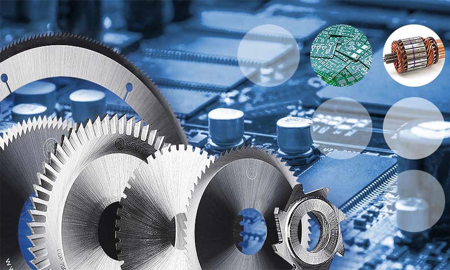 Neuhäuser‑Präzisionssägen und Schneidräder vor elektronischer Platine – Hochleistungswerkzeuge für Metall‑, Elektronik‑ und Industriebearbeitung.