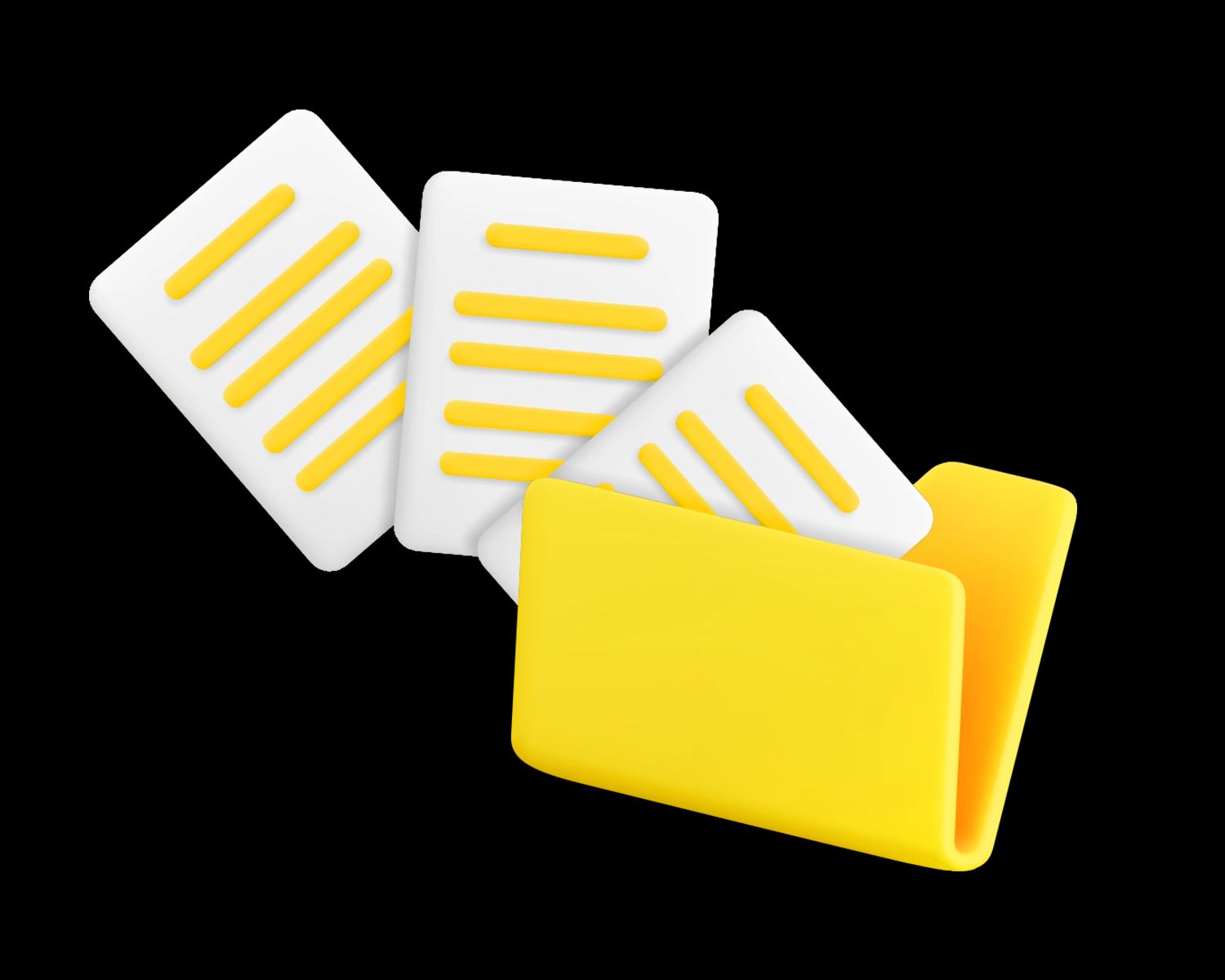 3D‑Darstellung eines gelben Dateiordners mit herausragenden Dokumenten – Symbol für digitale Datenorganisation, Archivierung und Projektmanagement bei Seyffer.