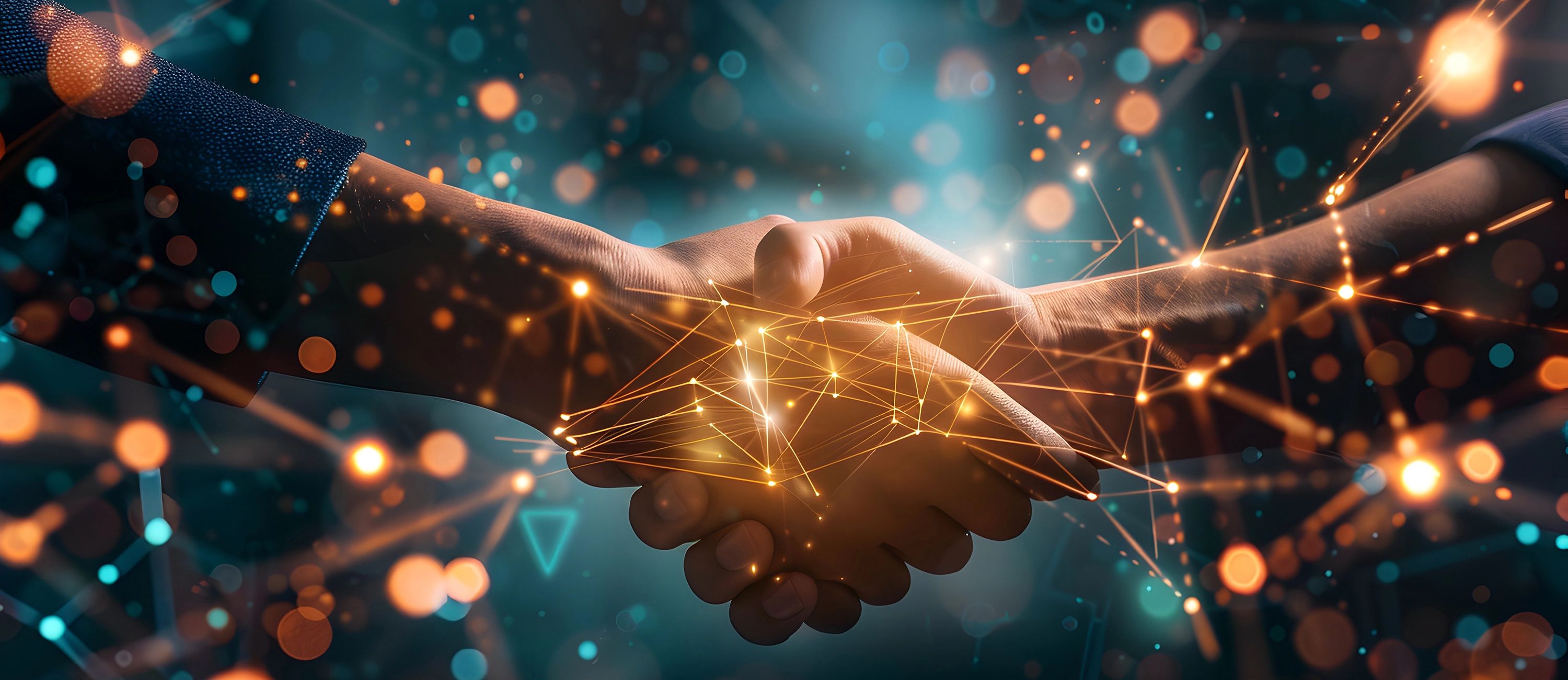 Abstraktes digitales Netzwerk mit leuchtenden Knotenpunkten vor dunklem Hintergrund, symbolisiert Vernetzung und digitale Innovation