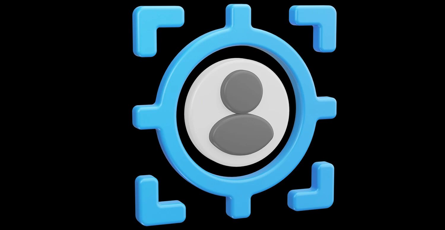 3D-Grafik eines blauen Zielkreuzes oder Zielrahmens, das eine stilisierte Person (Zielgruppe) darstellt – ein graues Piktogramm einer Person auf einem weißen Kreis.