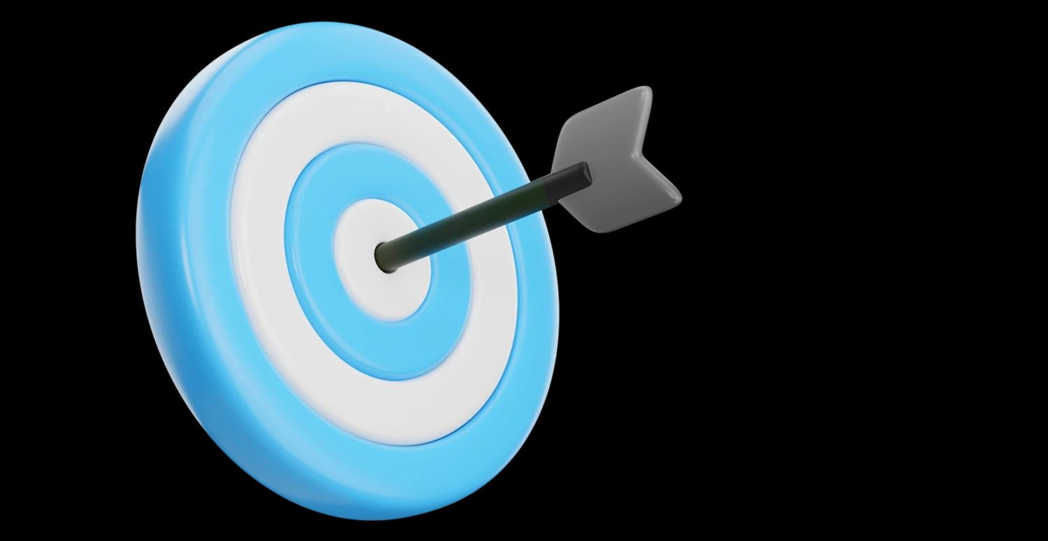 3D-Grafik einer Zielscheibe mit abwechselnden blauen und weißen Ringen, wobei ein Pfeil genau in die schwarze Mitte trifft.