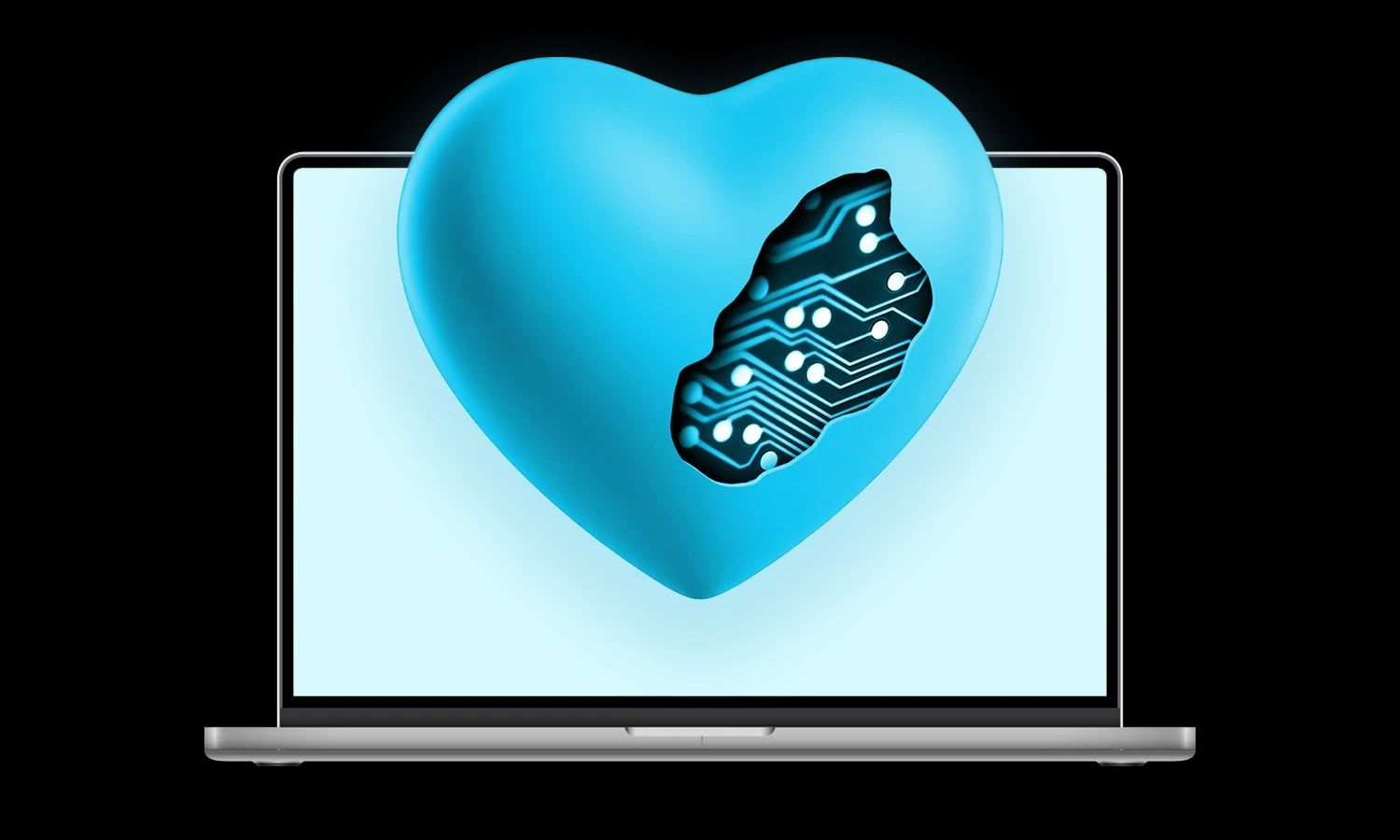3D-Grafik eines türkisfarbenen, stilisierten Herzens, das in der Mitte einen Ausschnitt in Form einer schwarzen Leiterplatte (Platine) mit leuchtenden Schaltkreisen aufweist. Das Herz steht zentral auf dem Bildschirm eines Laptops.