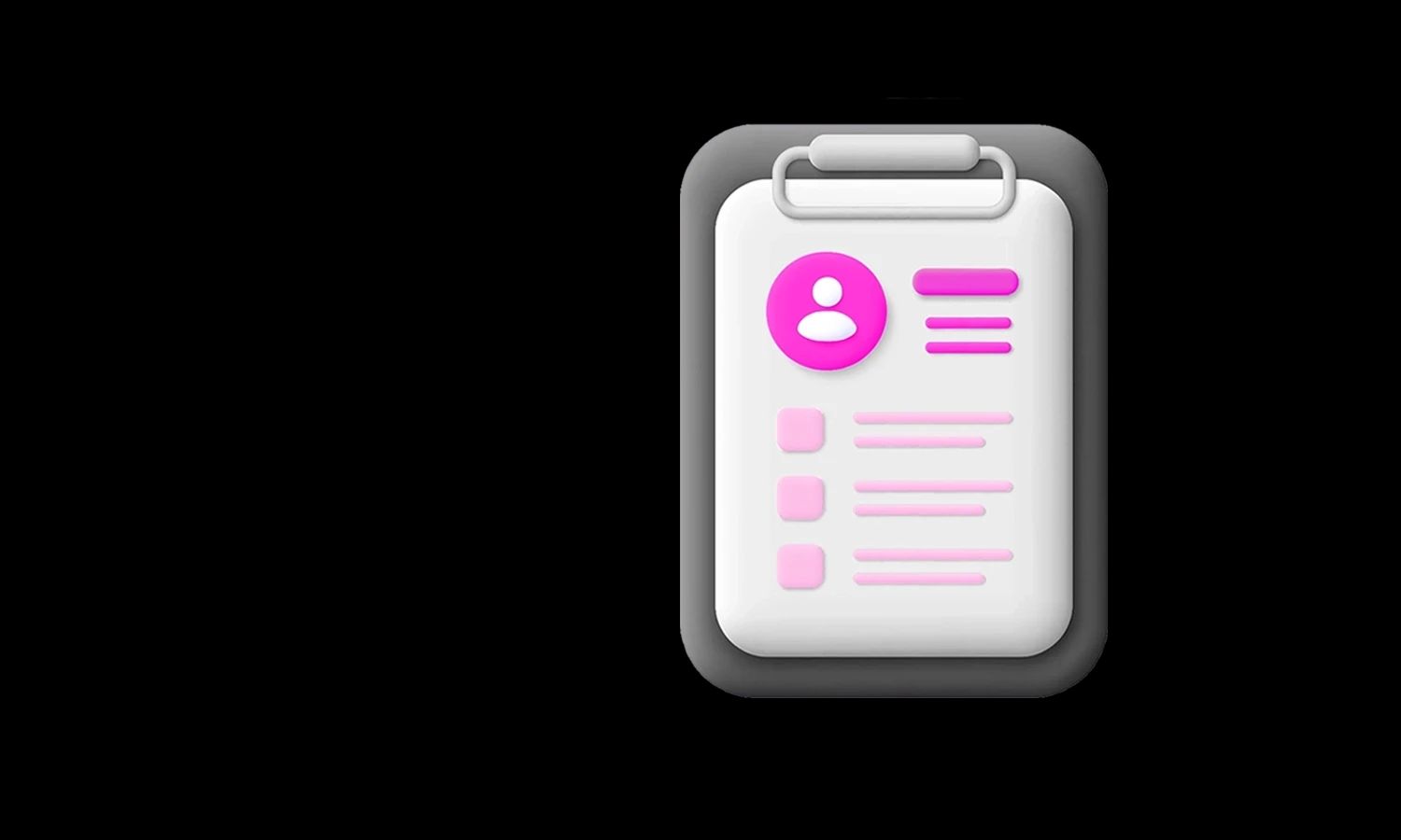 Stilisierte 3D-Darstellung eines Klemmbretts mit Lebenslauf im Comic-Stil