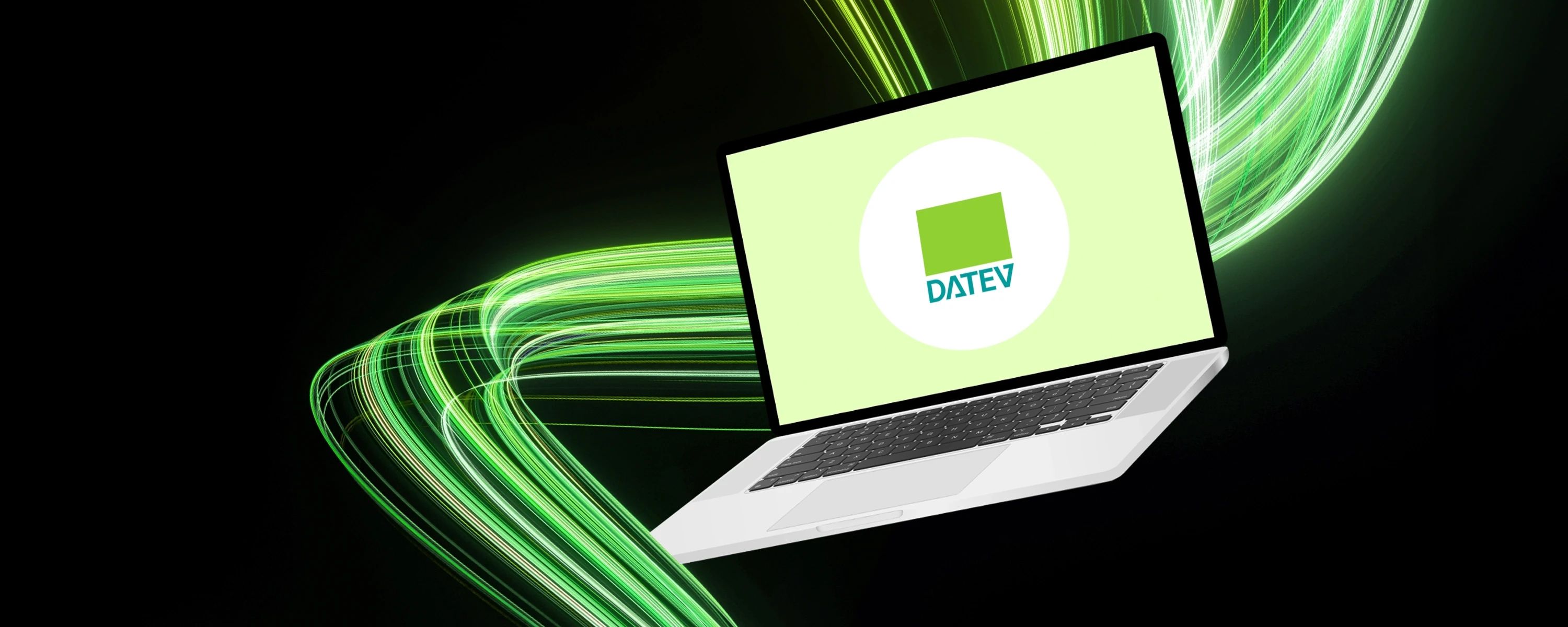 Ein Laptop mit dem DATEV-Logo auf dem Bildschirm, umgeben von dynamischen grünen Lichtstreifen auf schwarzem Hintergrund.