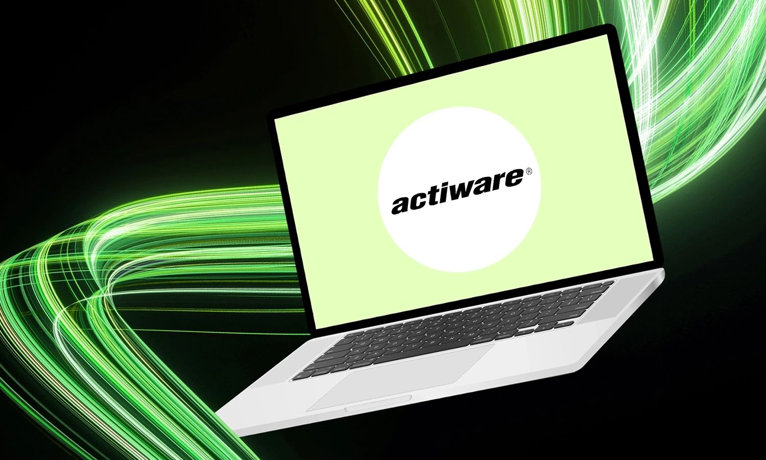 Ein Laptop mit dem ACTIWARE-Logo auf dem Bildschirm, umgeben von dynamischen grünen Lichtstreifen auf schwarzem Hintergrund.