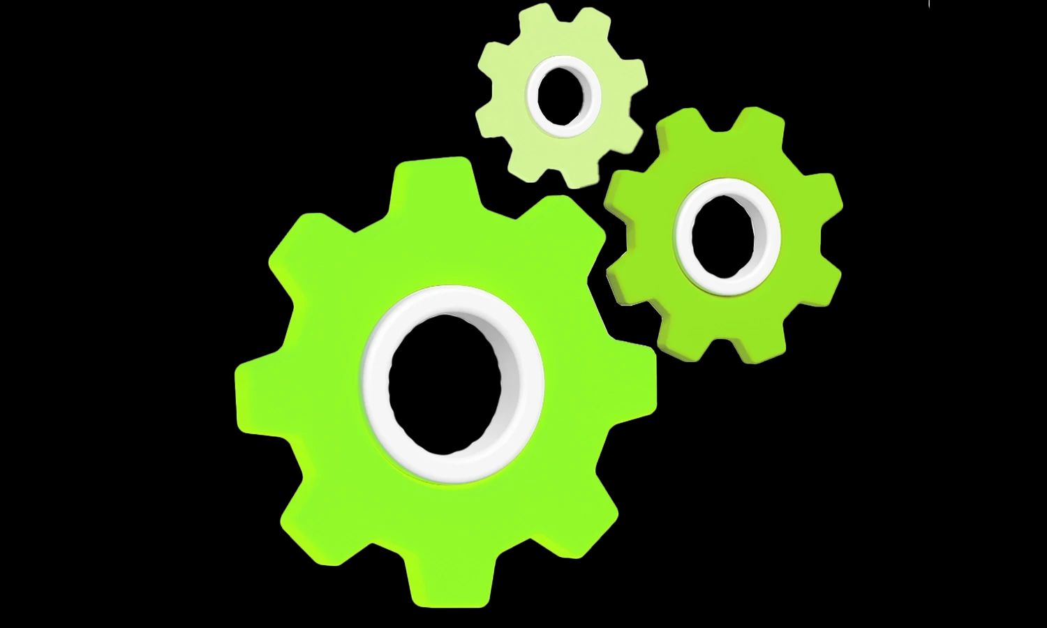 Stilisierte 3D-Grafik von drei Zahnrädern in verschiedenen Grüntönen.