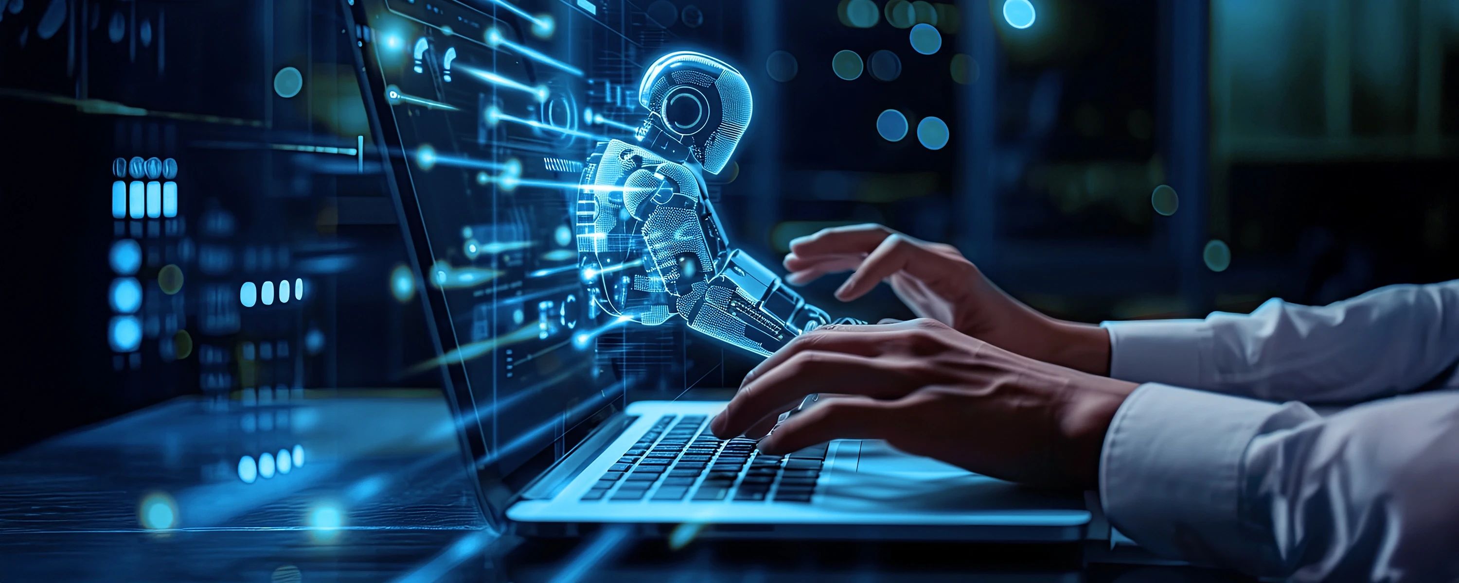 Ein Entwickler interagiert mit einer künstlichen Intelligenz, dargestellt als leuchtend blauer Roboter, der als Hologramm aus dem Laptop-Bildschirm tritt, während die Person auf der Tastatur tippt.