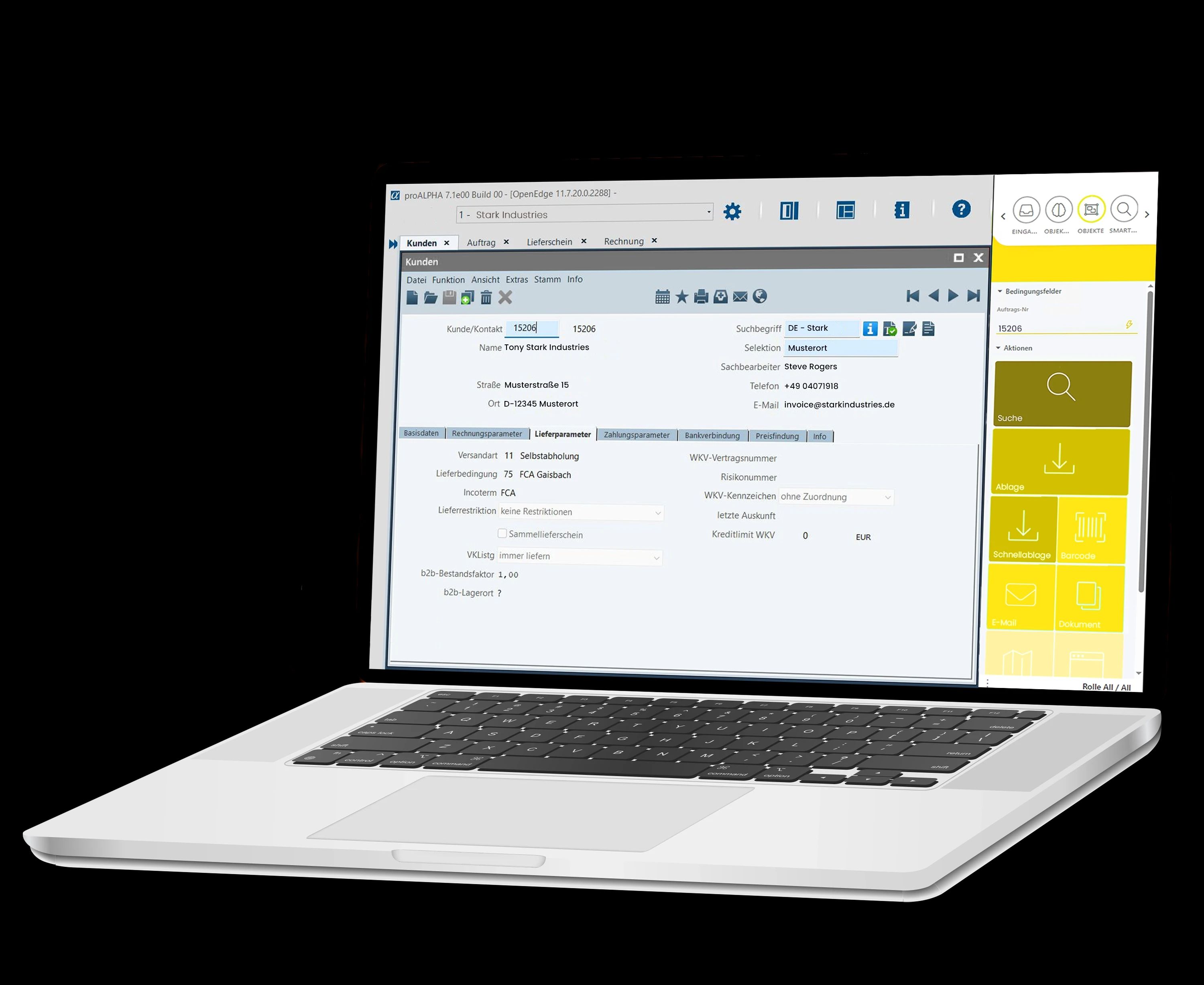 Laptop mit geöffneter ERP‑Maske und ELO BLP‑Integration – digitale Lösung zur automatisierten Datenverarbeitung und Prozessverknüpfung zwischen ERP‑ und DMS‑Systemen.