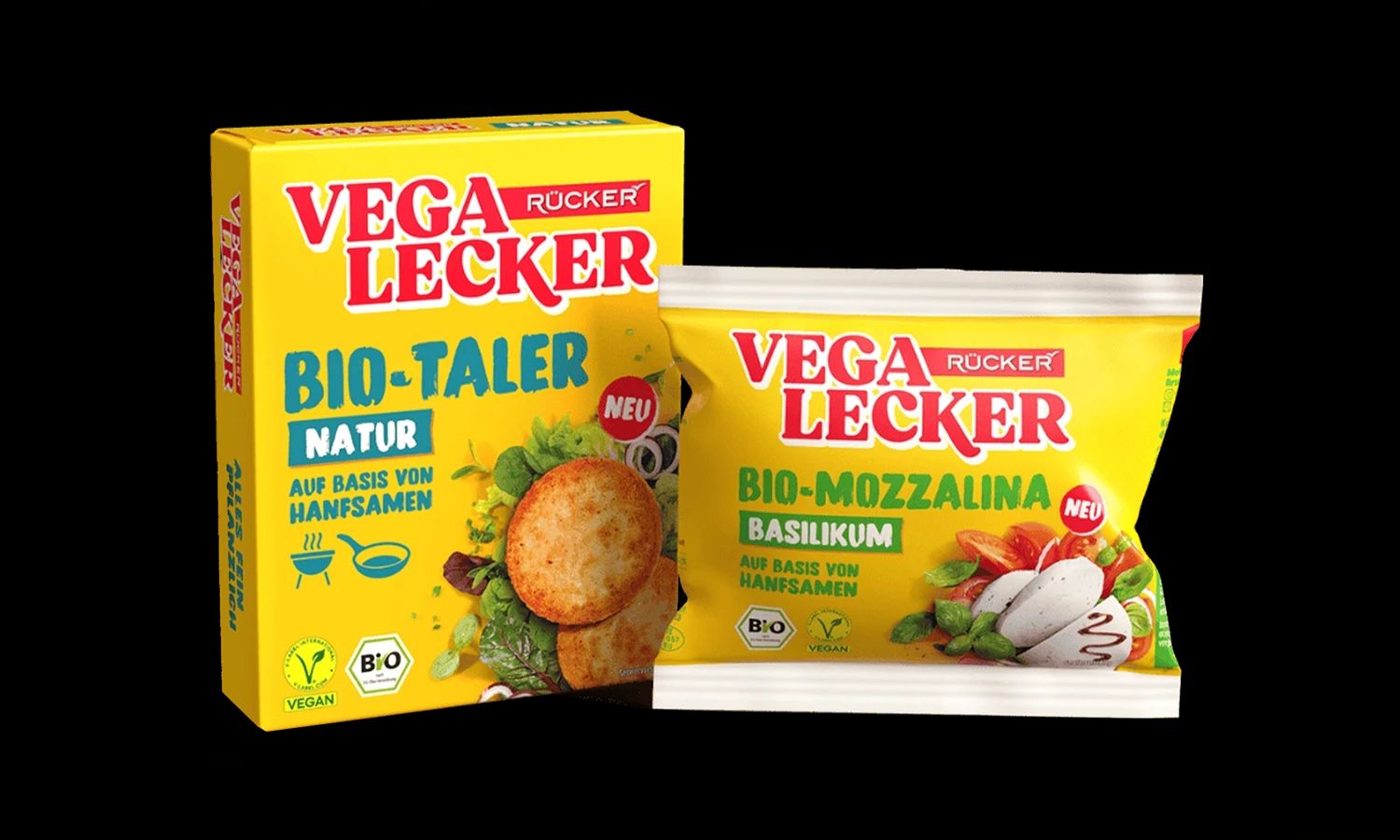 Rücker  Vega Lecker Produkte – Bio‑Taler Natur und Bio‑Mozzalina Basilikum auf Basis von Hanfsamen, vegane und biologische Alternativen aus der Rücker‑Produktlinie.