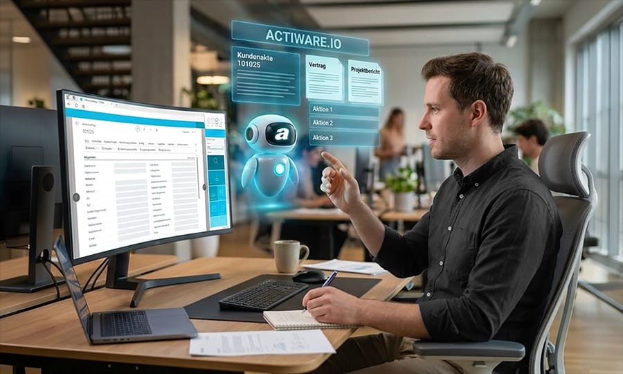 Mitarbeiter arbeitet im Büro mit KI‑Assistenz am Bildschirm mit Sidebar.