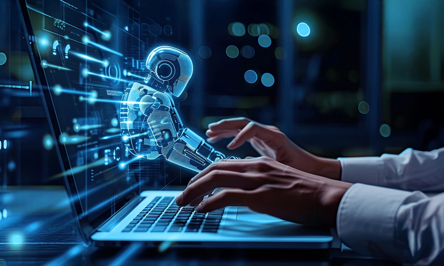 Ein Entwickler interagiert mit einer künstlichen Intelligenz, dargestellt als leuchtend blauer Roboter, der als Hologramm aus dem Laptop-Bildschirm tritt, während die Person auf der Tastatur tippt.