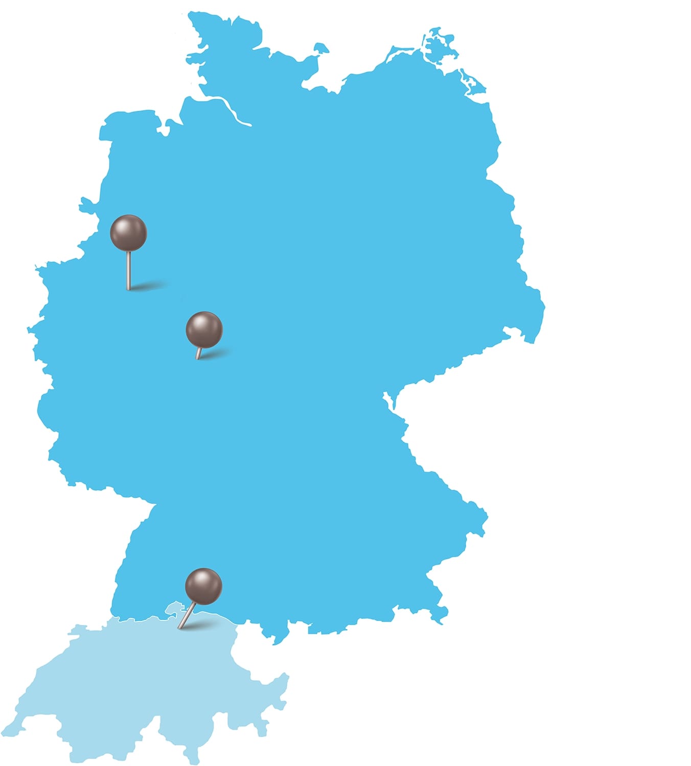 Karte von Deutschland in Blau und der Schweiz in hellblauer Farbe. Zwei Stecknadeln markieren Orte in Deutschland und eine Stecknadel in der Schweiz, eine im Westen, in der Mitte und eine in der Schweiz.