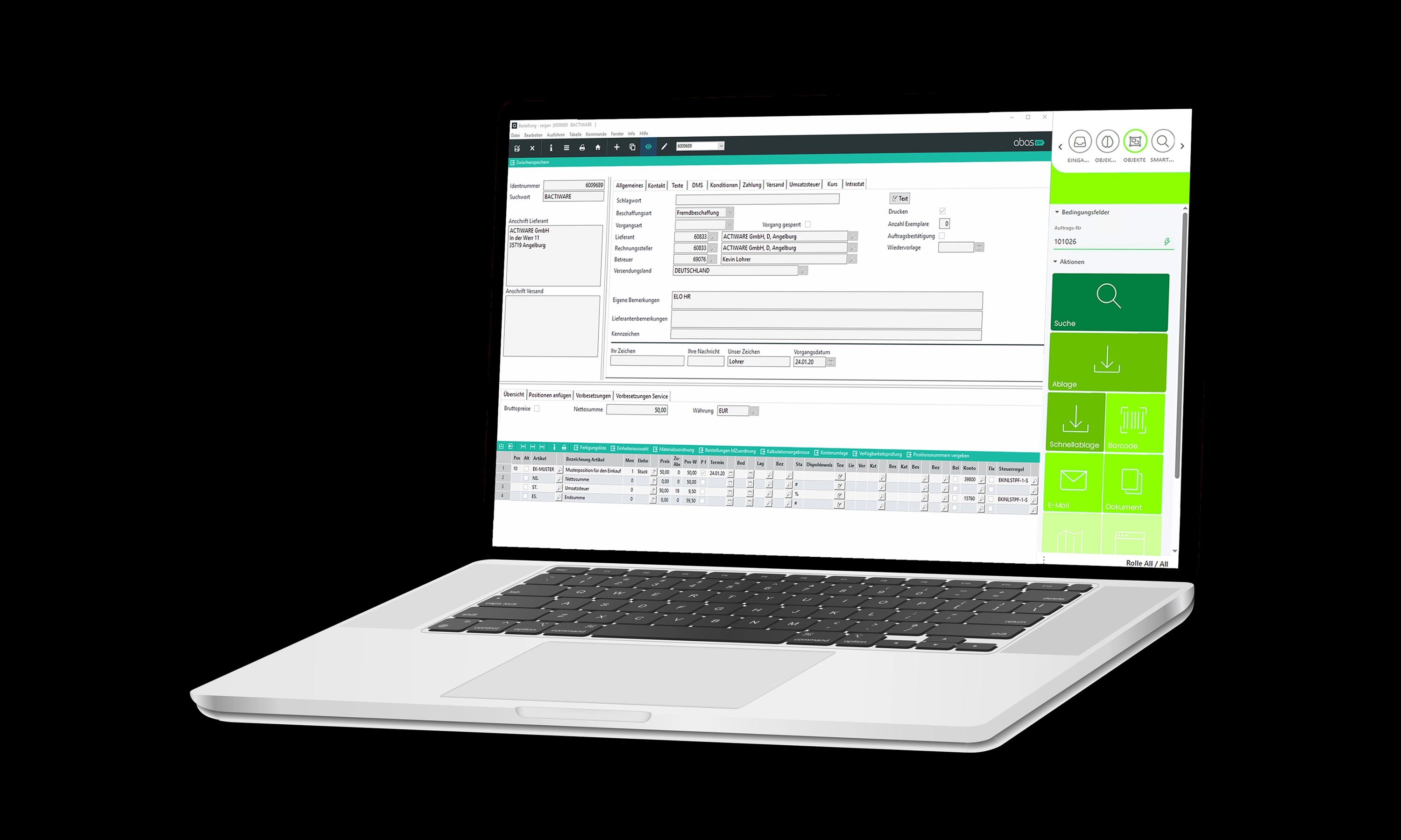 Die abas ERP-Software wird auf einem Laptop angezeigt. Die Ansicht zeigt eine Eingabemaske für Auftragsdaten mit Feldern für Kunde, Liefertermin und eine Liste von Auftragspositionen.