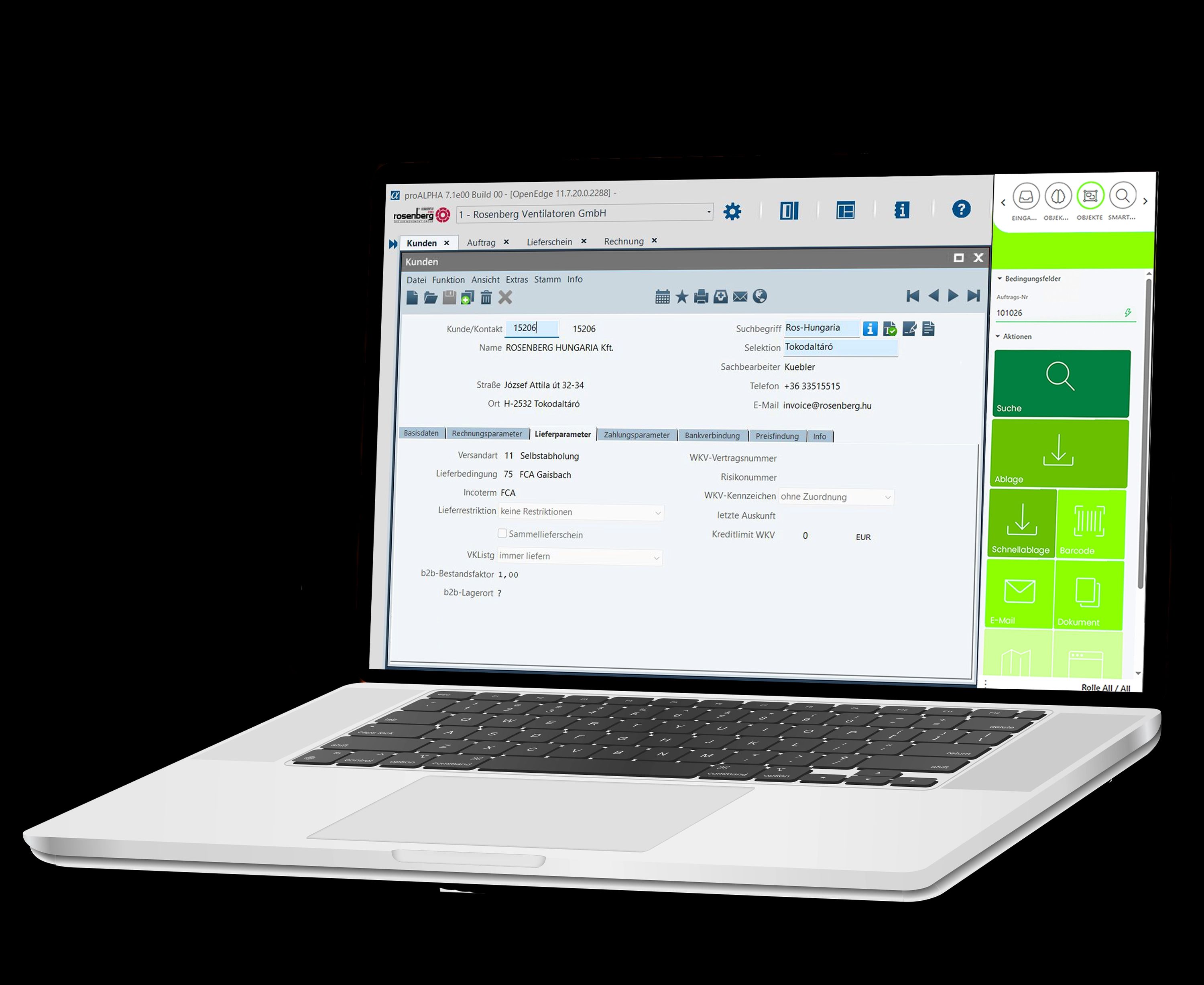 Ein aufgeklappter Laptop zeigt auf dem Bildschirm die Benutzeroberfläche von ProAlpha.