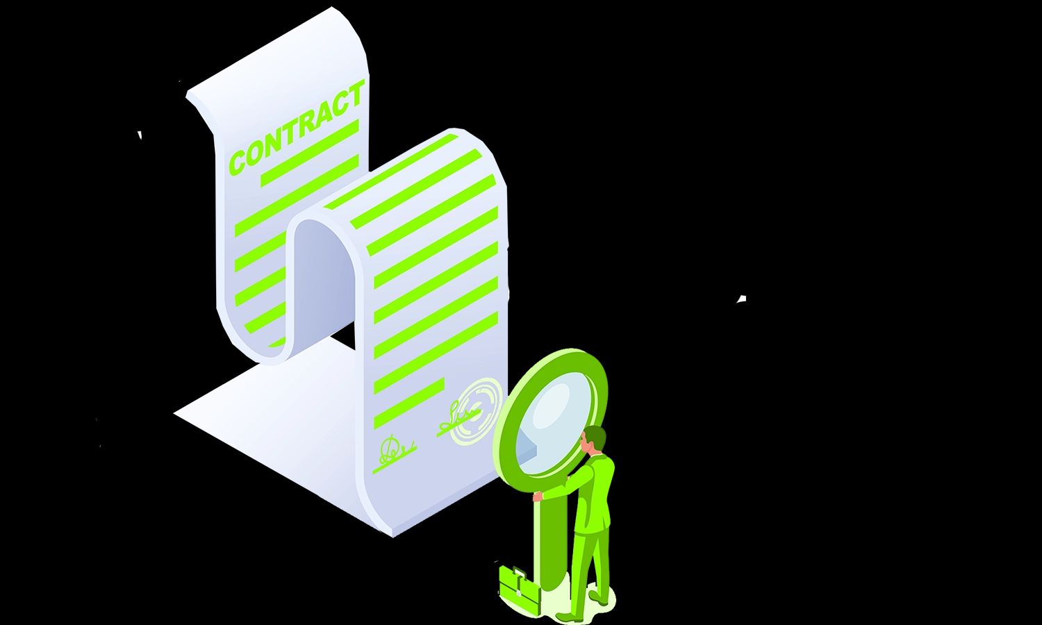 Eine isometrische Darstellung eines Geschäftsmannes, der mit einer riesigen Lupe einen langen, sich schlängelnden Vertrag prüft.