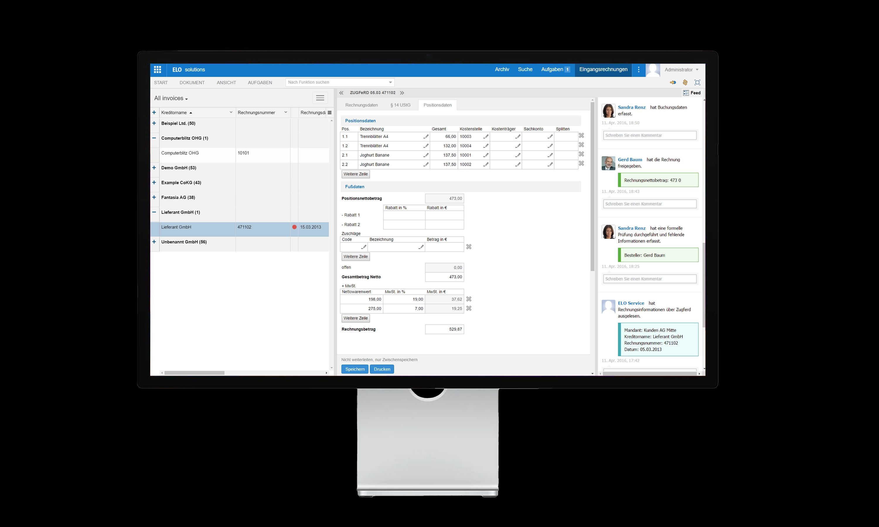 Ein Computermonitor, der eine Software zur digitalen Rechnungsbearbeitung anzeigt. Die Benutzeroberfläche zeigt eine Liste von Rechnungen auf der linken Seite, eine detaillierte Ansicht einer einzelnen Rechnung in der Mitte und einen Kommentarverlauf zur Zusammenarbeit im Team auf der rechten Seite.