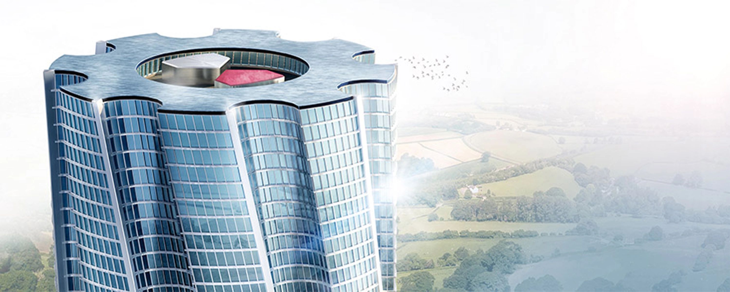 Symbolisches Precitool‑Gebäude in Form eines Zahnrads – Darstellung für Präzision, Innovationskraft und industrielle Kompetenz im Werkzeugsektor.