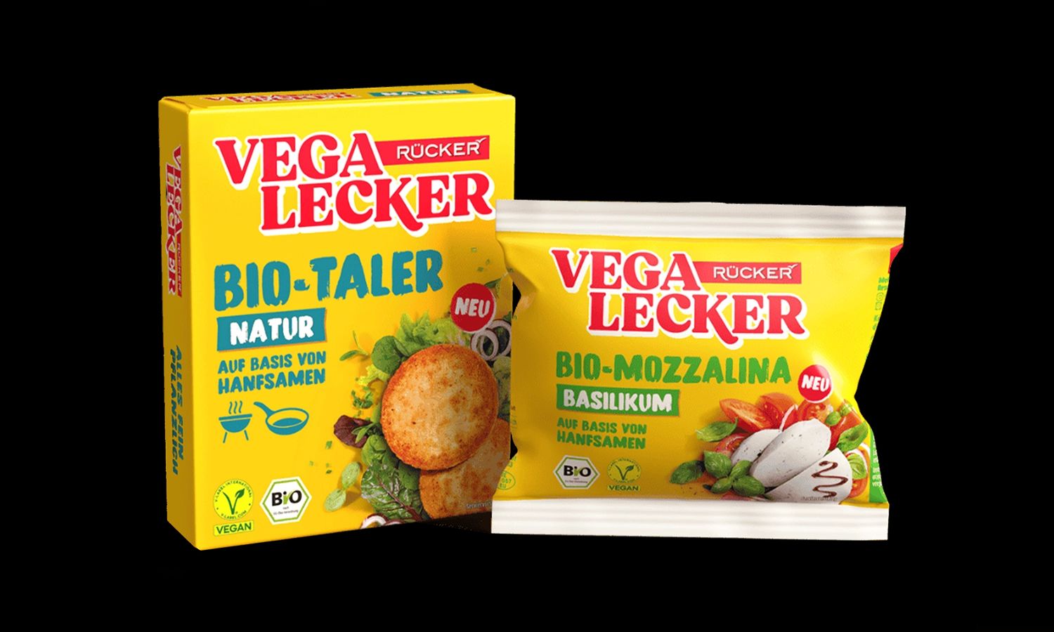 Rücker Vega Lecker Produkte – Bio‑Taler Natur und Bio‑Mozzalina Basilikum auf Basis von Hanfsamen, vegane und biologische Alternativen aus der Rücker‑Produktlinie.