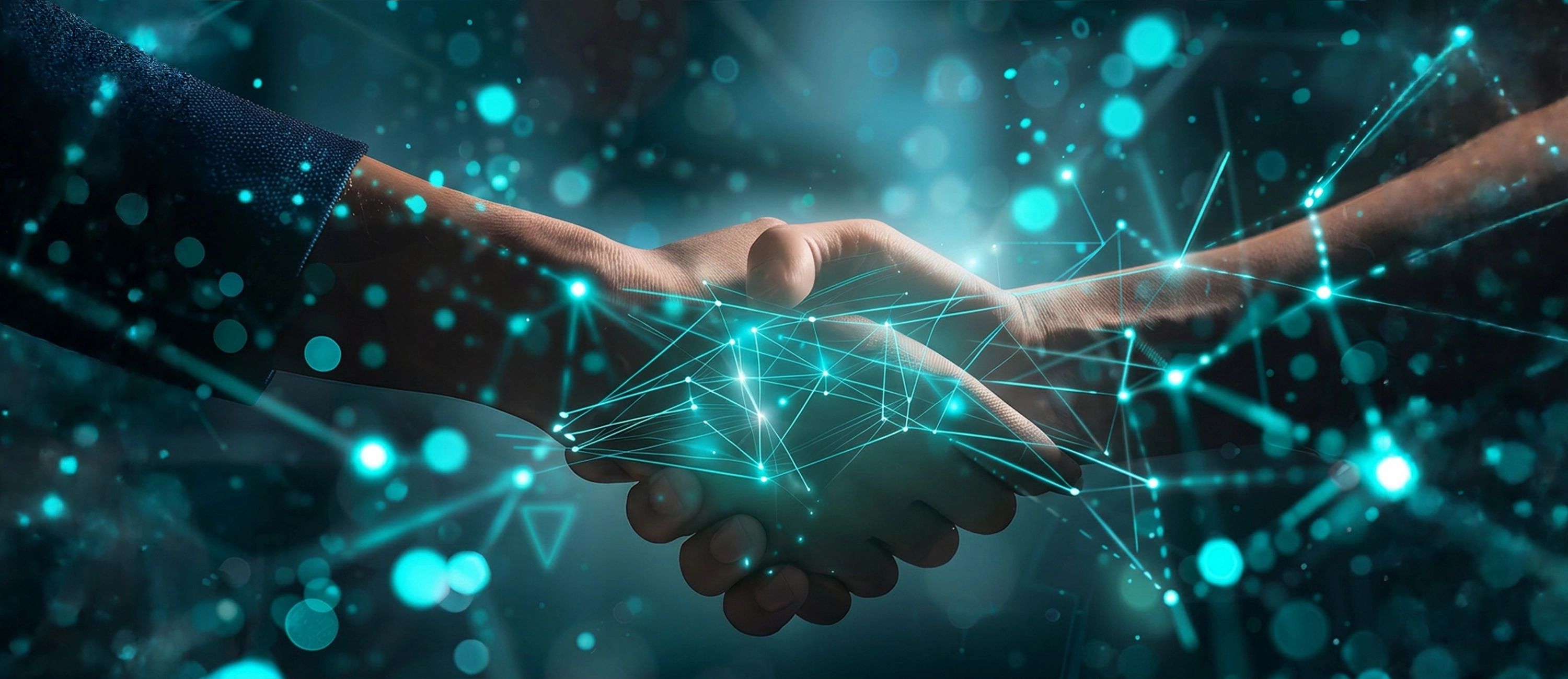 Abstraktes digitales Netzwerk mit leuchtenden Knotenpunkten vor dunklem Hintergrund, symbolisiert Vernetzung und digitale Innovation