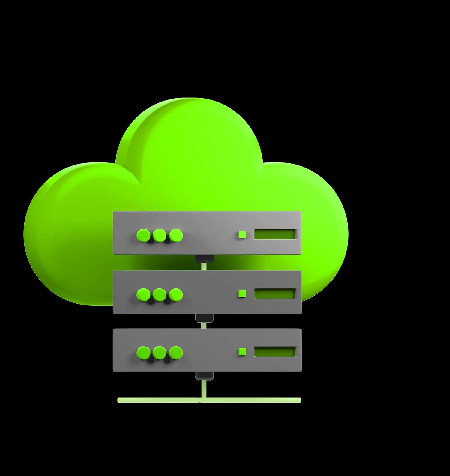 Stilisierte 3D-Darstellung von drei grauen Servern vor einer leuchtend grünen Cloud.