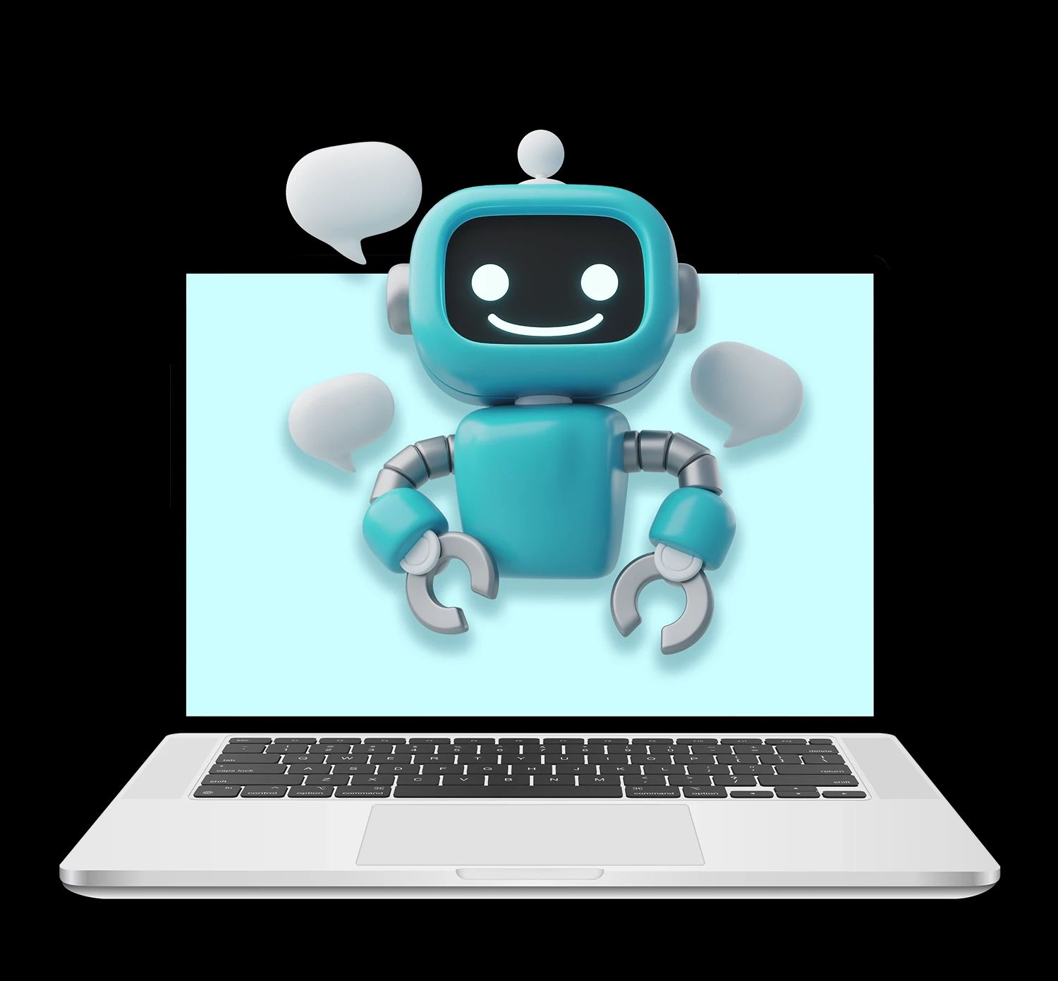 Ein lächelnder, blauer KI-Roboter mit Sprechblasen schwebt über dem Bildschirm eines Laptops.