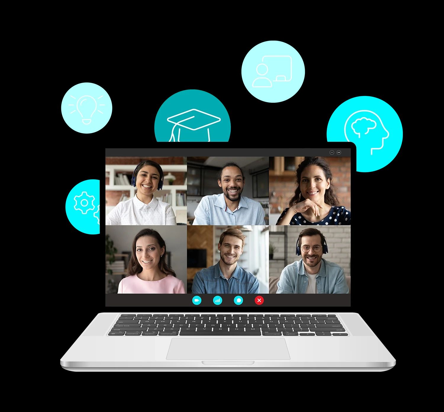 Ein Laptop-Bildschirm zeigt eine Videokonferenz mit sechs lächelnden Teilnehmenden einer Online-Schulung. Bildungs- und Einstellungs-Symbole unterstreichen den Lernkontext.